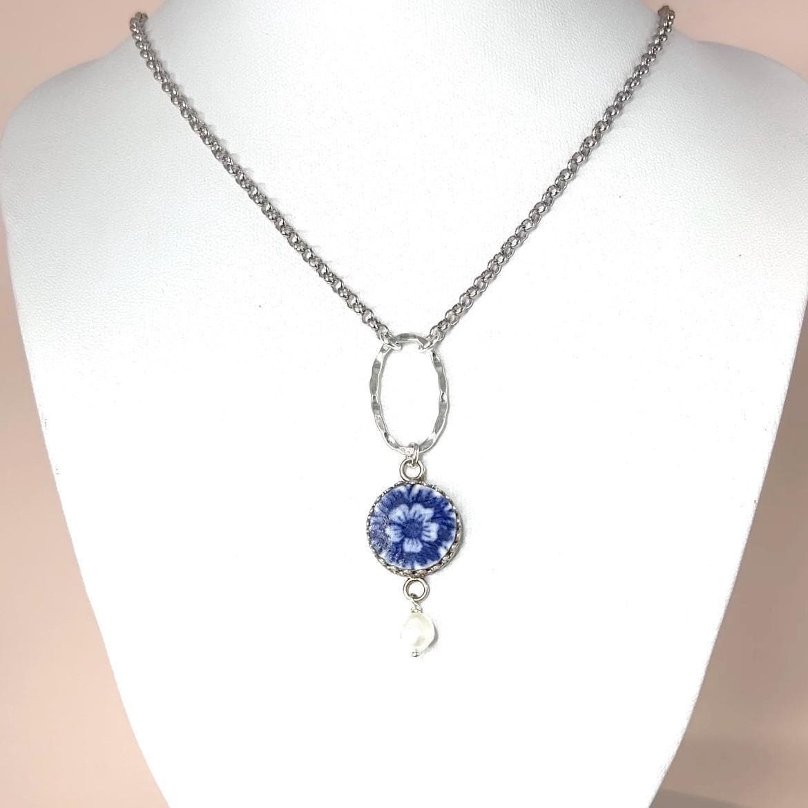 Blue Delft Broken China Jewelry Pendant, 20th Anniversary Gift for Wife, Flower Necklace, Unique Gift