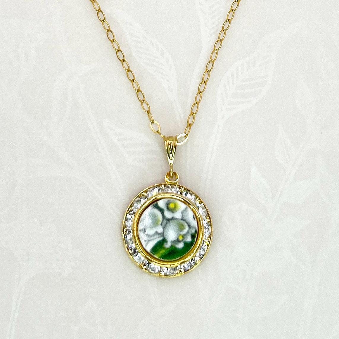 Lily of the Valley Necklace, 20th Wedding Anniversary Gift for Wife, Gold Crystal Broken China Jewelry