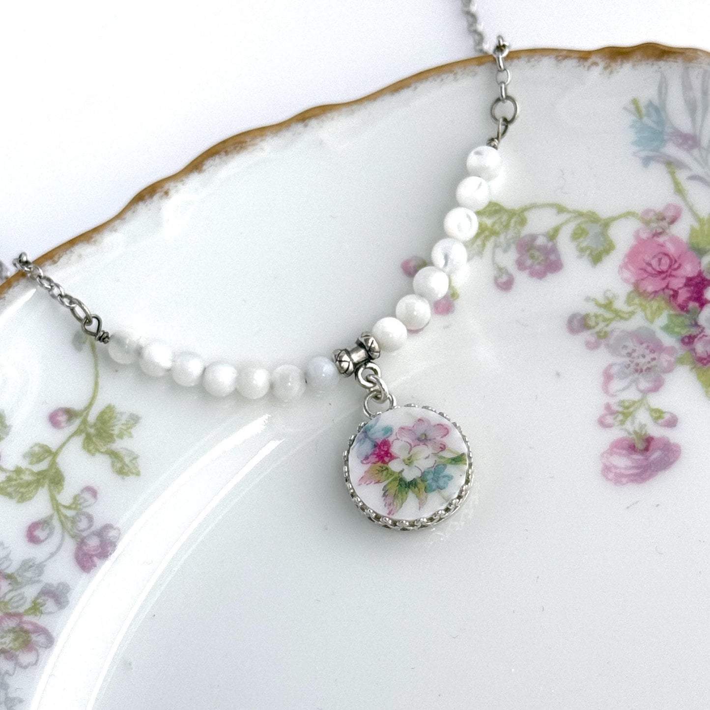 Graduation Gifts, One-of-a-Kind Flower Necklace, French Limoges Broken China Jewelry, Forget Me Not Gift for Graduate