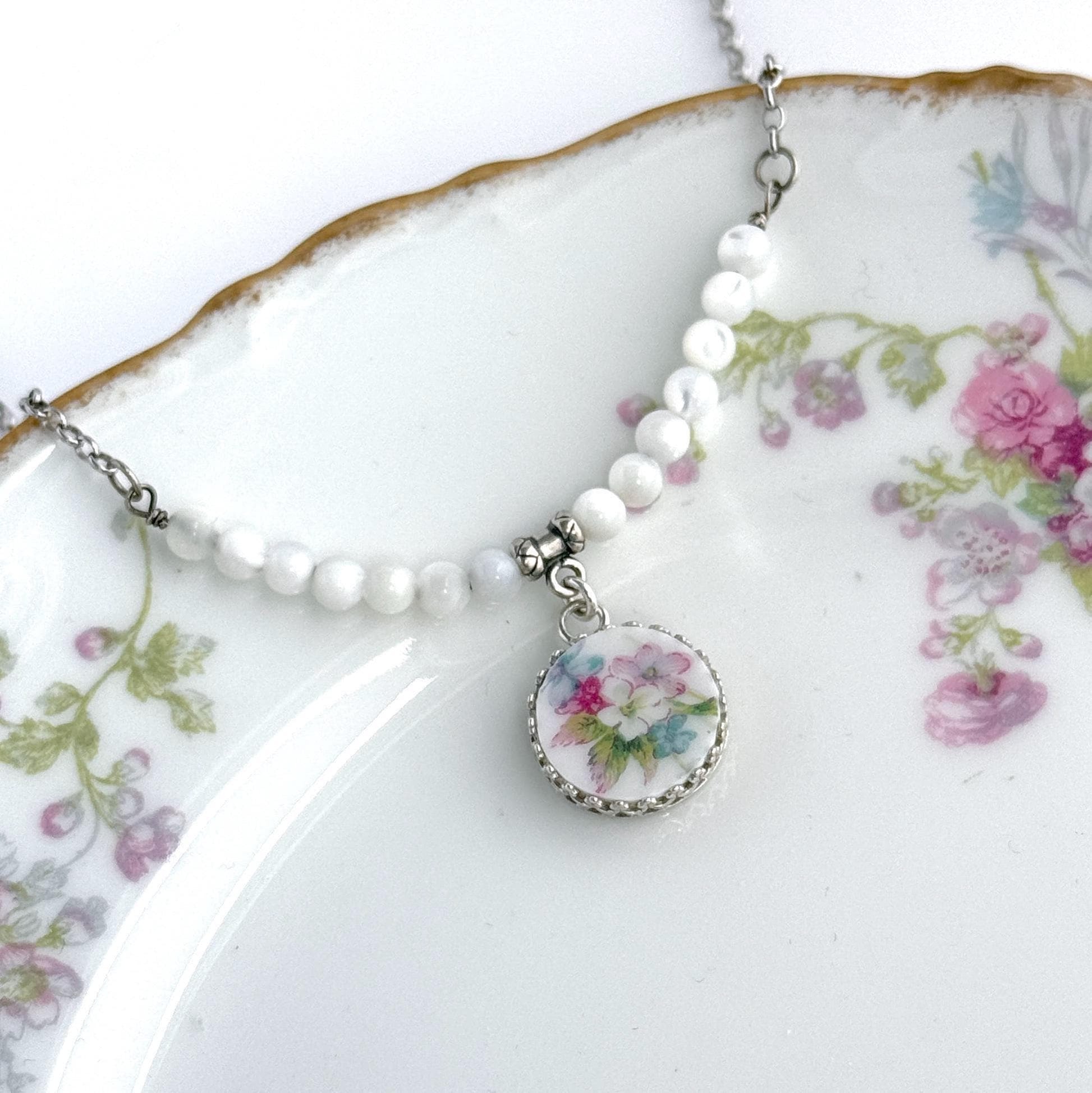 Graduation Gifts, One-of-a-Kind Flower Necklace, French Limoges Broken China Jewelry, Forget Me Not Gift for Graduate