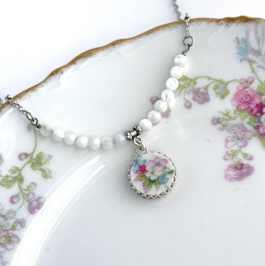 Graduation Gifts, One-of-a-Kind Flower Necklace, French Limoges Broken China Jewelry, Forget Me Not Gift for Graduate