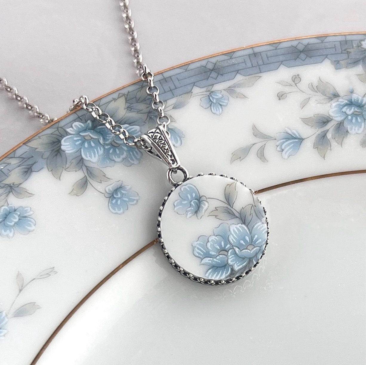 Blue Flower Necklace, Sterling Silver Japanese Porcelain, Broken China Jewelry, 20th Anniversary Gift for Wife