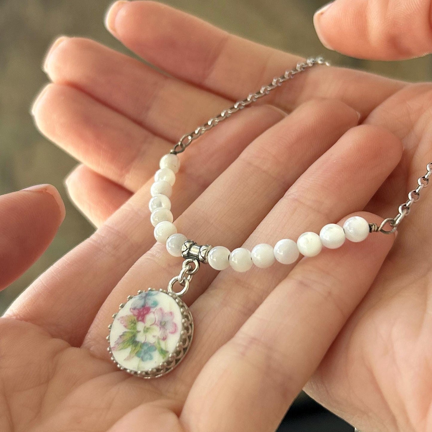Graduation Gifts, One-of-a-Kind Flower Necklace, French Limoges Broken China Jewelry, Forget Me Not Gift for Graduate