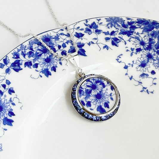 Blue and White Daisy Necklace, Traditional 18th Wedding Anniversary Gift for Wife, Antique Porcelain Jewelry