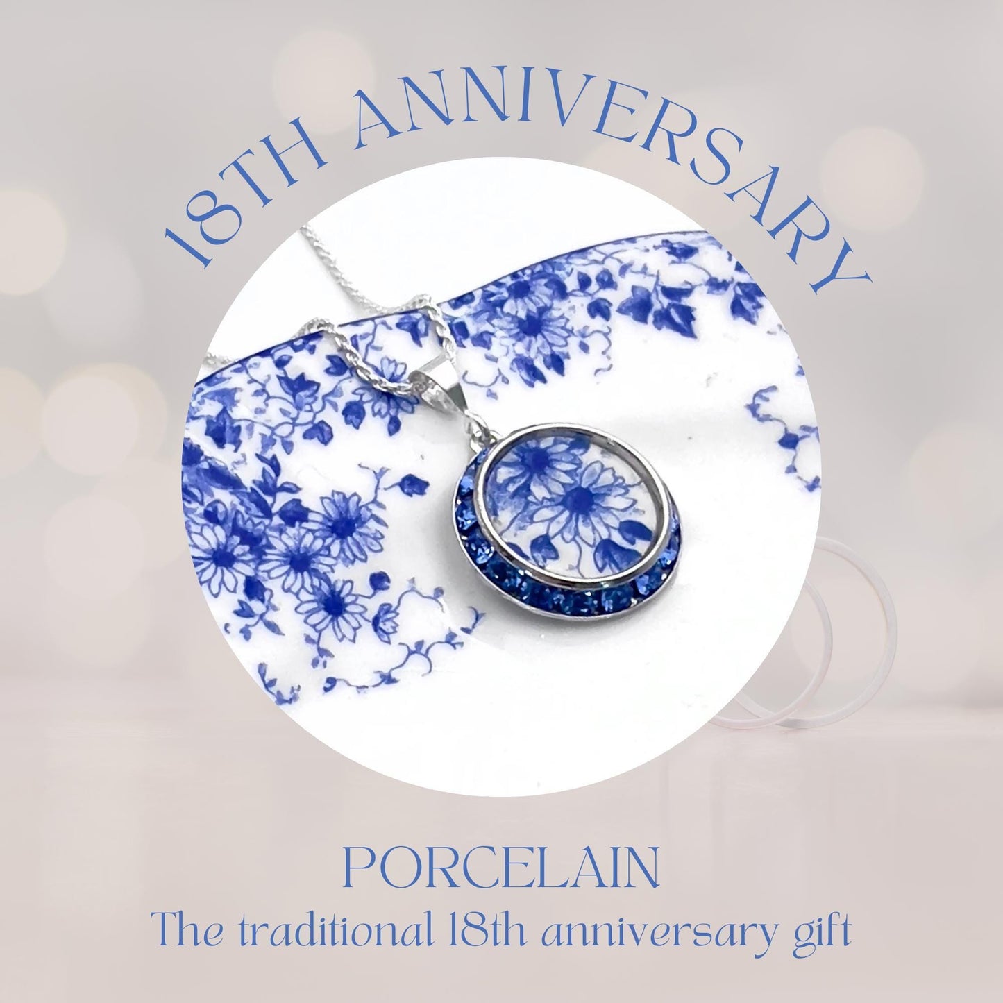 Blue and White Daisy Necklace, Traditional 18th Wedding Anniversary Gift for Wife, Antique Porcelain Jewelry