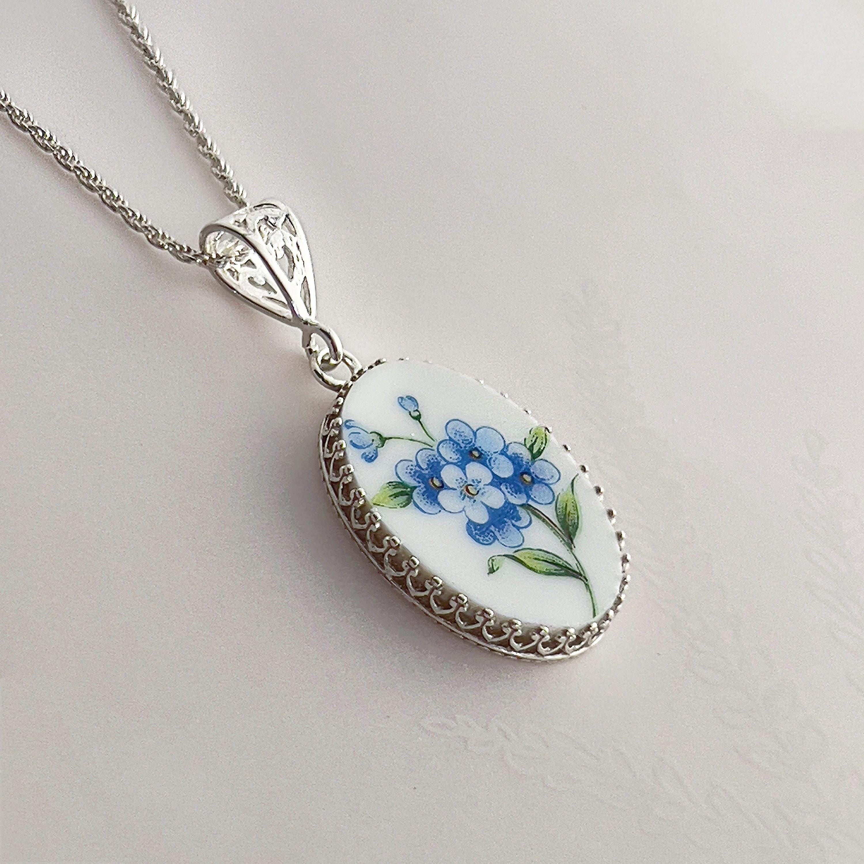 Broken China Jewelry, Forget Me Not Flower Necklace, Vintage China