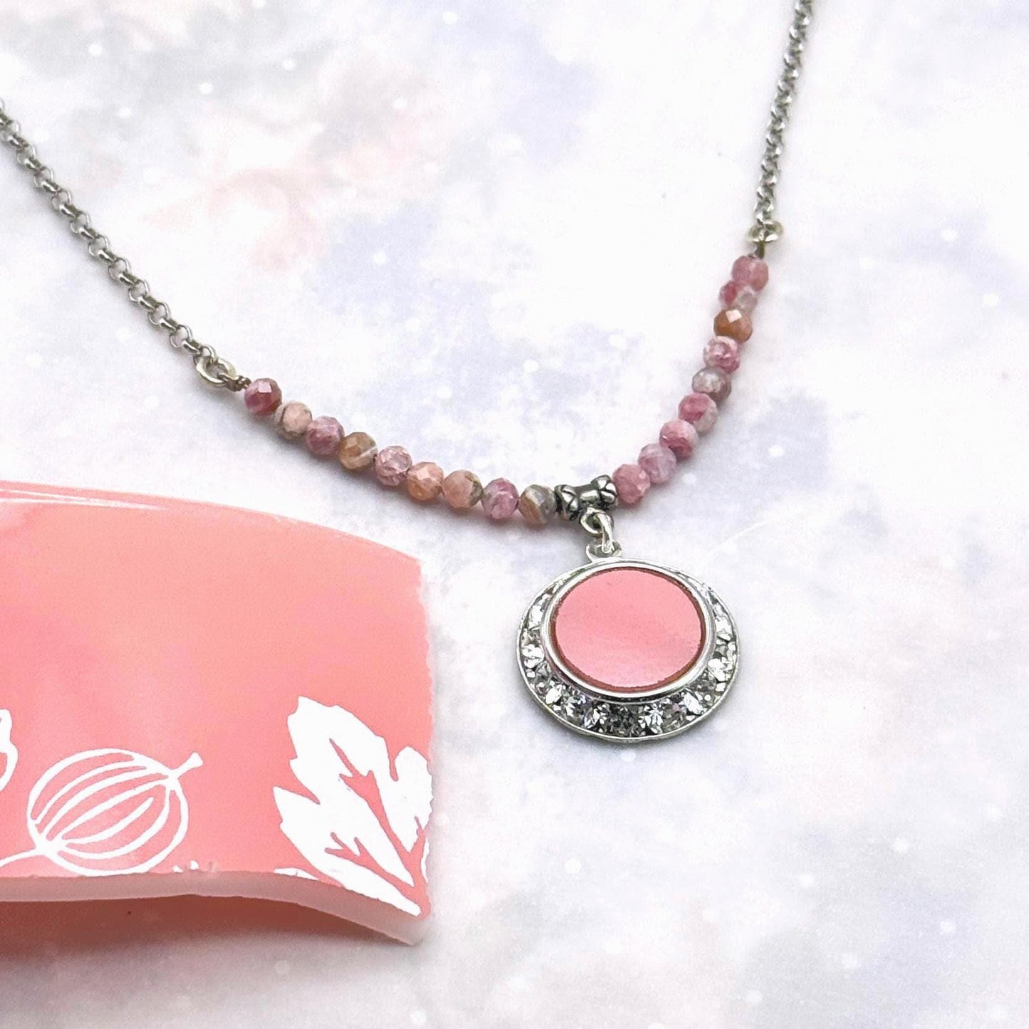 One-of-a-Kind Pink Opal and Vintage Pyrex Necklace, Pink Gooseberry Pattern, Mid Century Modern Gifts for Her, Crystal Jewelry