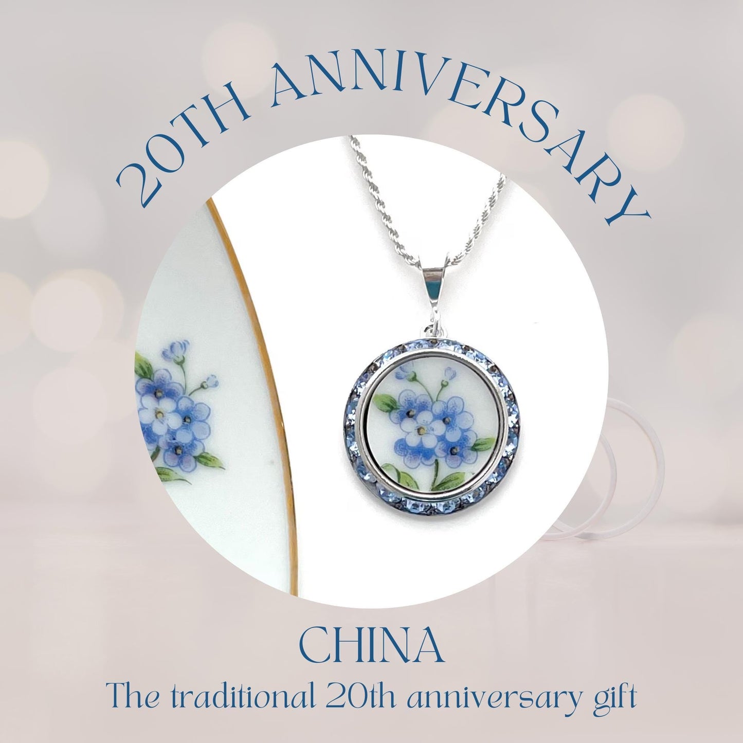 20th Anniversary China Jewelry Gift for Wife Forget Me Nots Broken China Jewelry Unique Gifts for Women