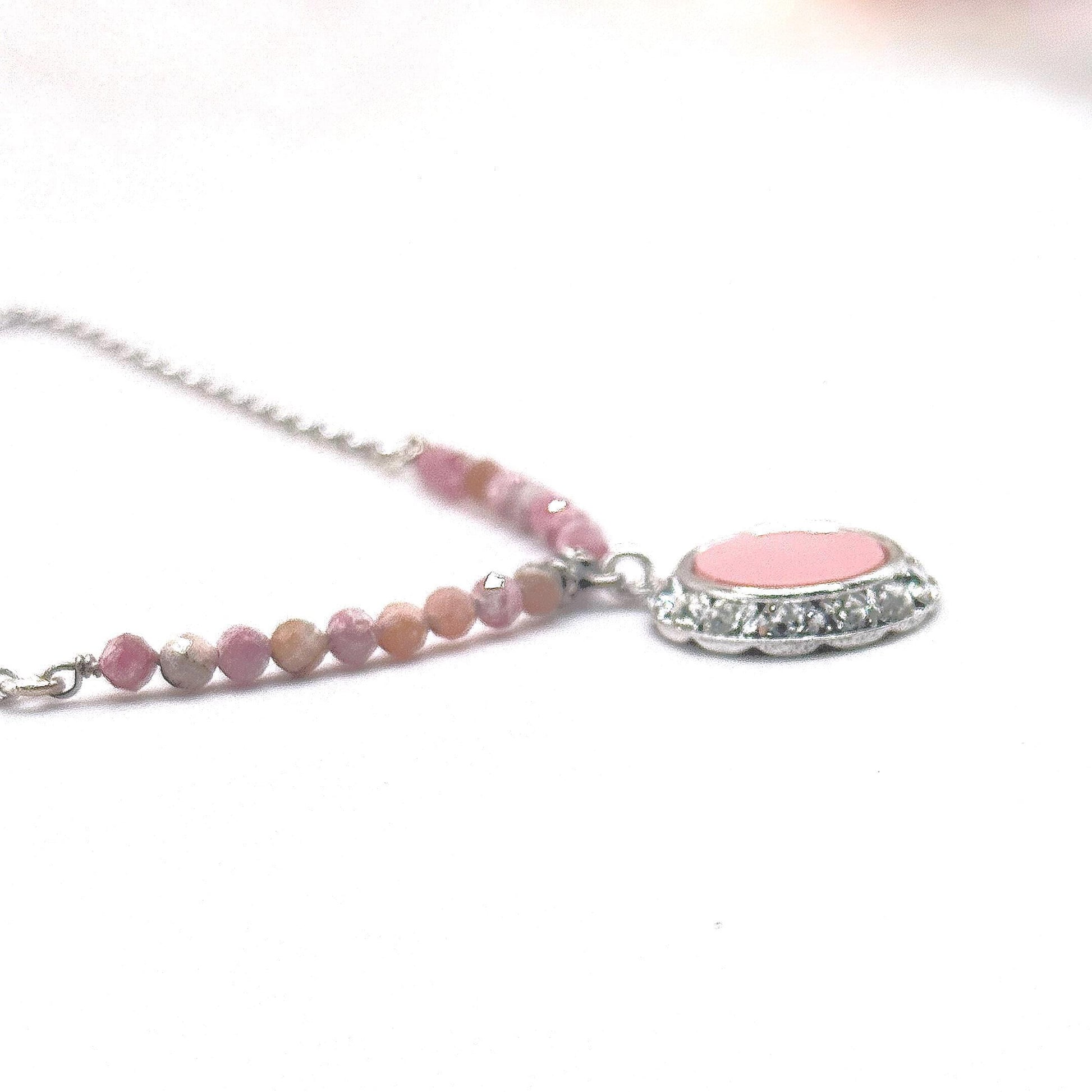 One-of-a-Kind Pink Opal and Vintage Pyrex Necklace, Pink Gooseberry Pattern, Mid Century Modern Gifts for Her, Crystal Jewelry