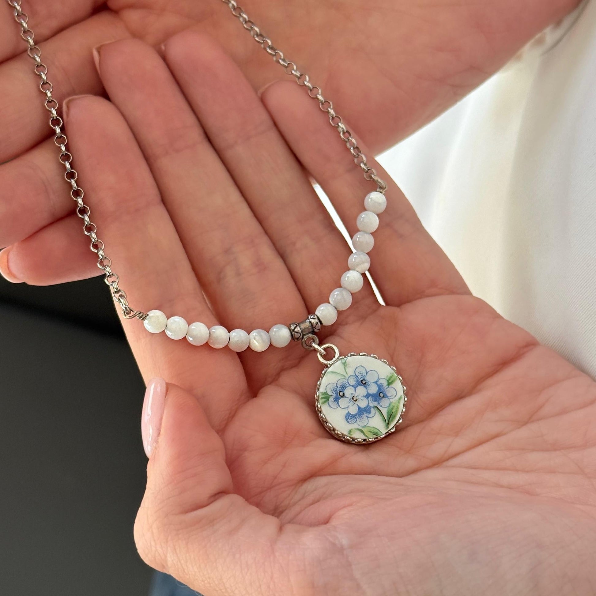 Vintage Porcelain Forget Me Not Necklace, 18th Anniversary Gift for Wife, Mother of Pearl Jewelry