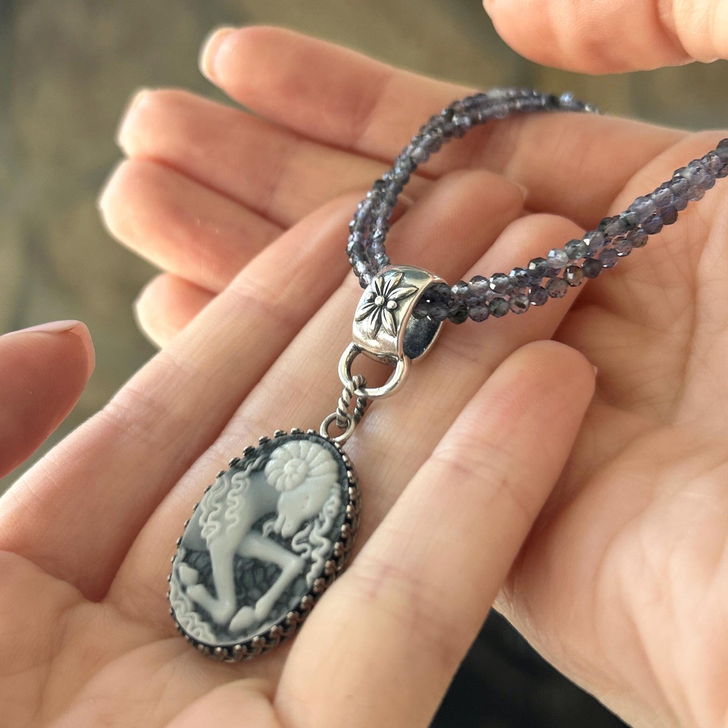 One-of-a-Kind Aries Ram Cameo Necklace, Astrology Birth Sign Jewelry, Sterling Silver and Iolite Stones