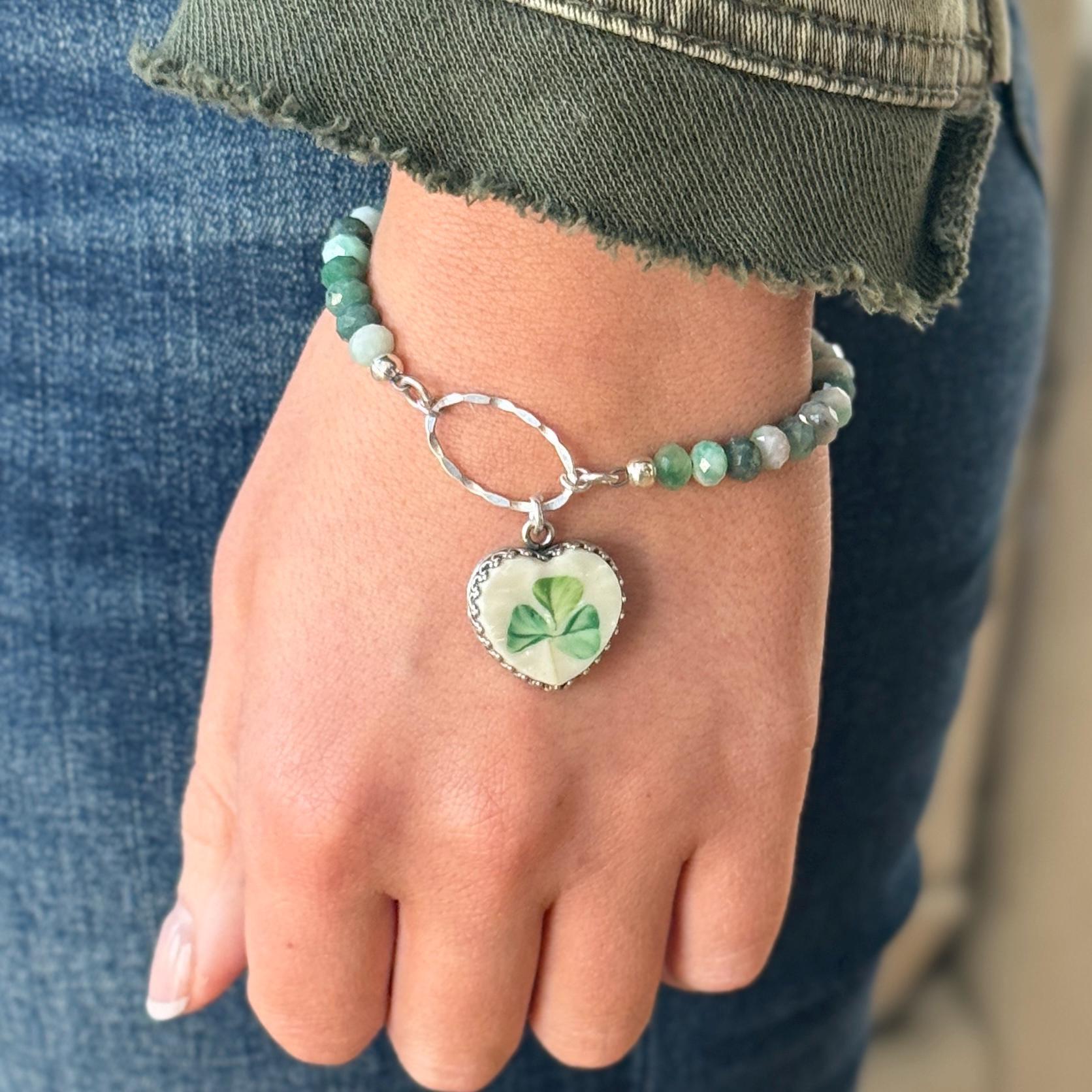 Belleek Irish Shamrock Bracelet, Broken China Jewelry, Hammered Silver and Hand Painted Belleek Clover Charm