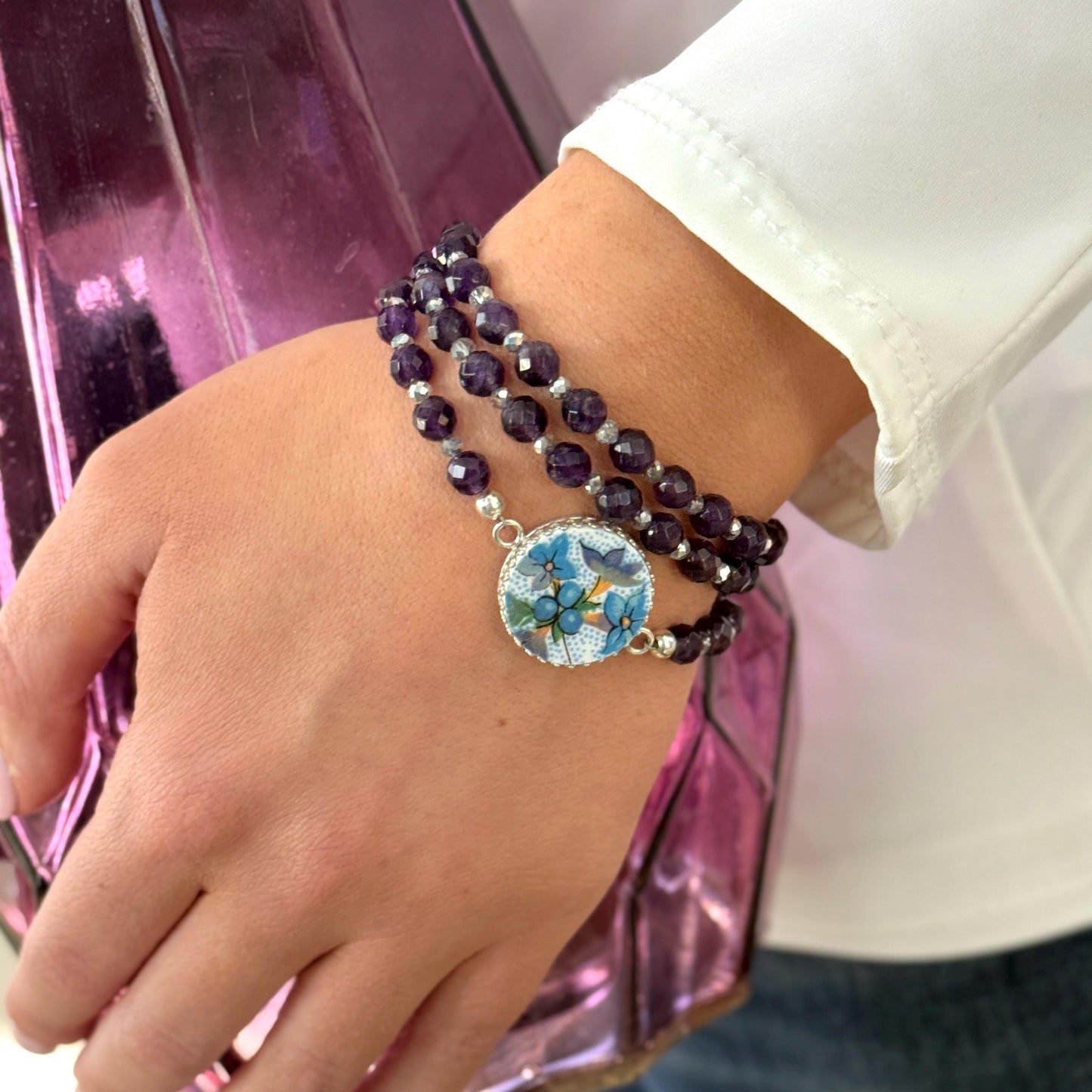 One-of-a-Kind Amethyst Gemstone Triple Wrap Bracelet, Vintage Chintz China, Flower Jewelry