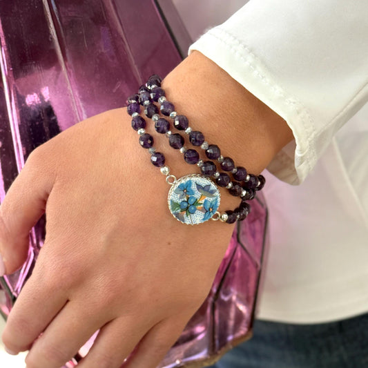 One-of-a-Kind Amethyst Gemstone Triple Wrap Bracelet, Vintage Chintz China, Flower Jewelry