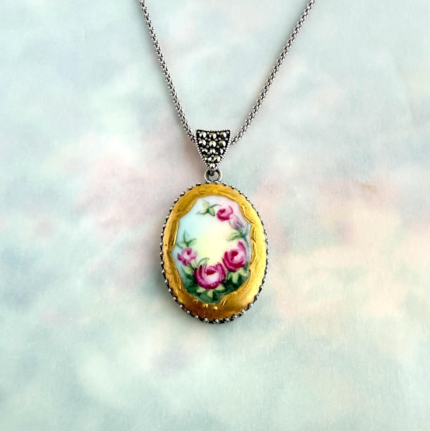 18th Wedding Anniversary Gift for Wife, Antique Hand Painted Porcelain Button Necklace, Marcasite Jewelry, Sterling Silver