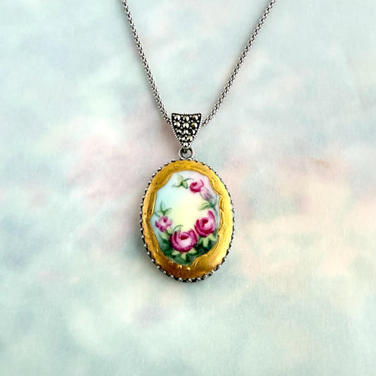 18th Wedding Anniversary Gift for Wife, Antique Hand Painted Porcelain Button Necklace, Marcasite Jewelry, Sterling Silver