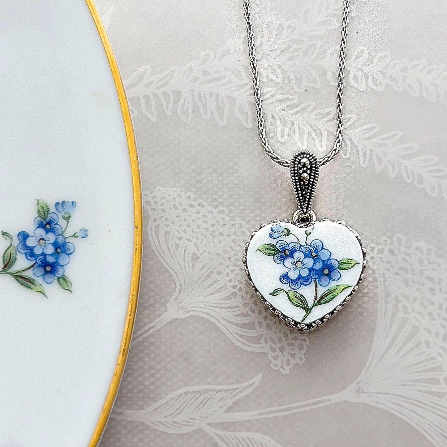 18th Anniversary Porcelain Gift for Wife, Forget Me Not Heart Necklace, Broken China Jewelry, Marcasite Stones, 20th Anniversary Gift
