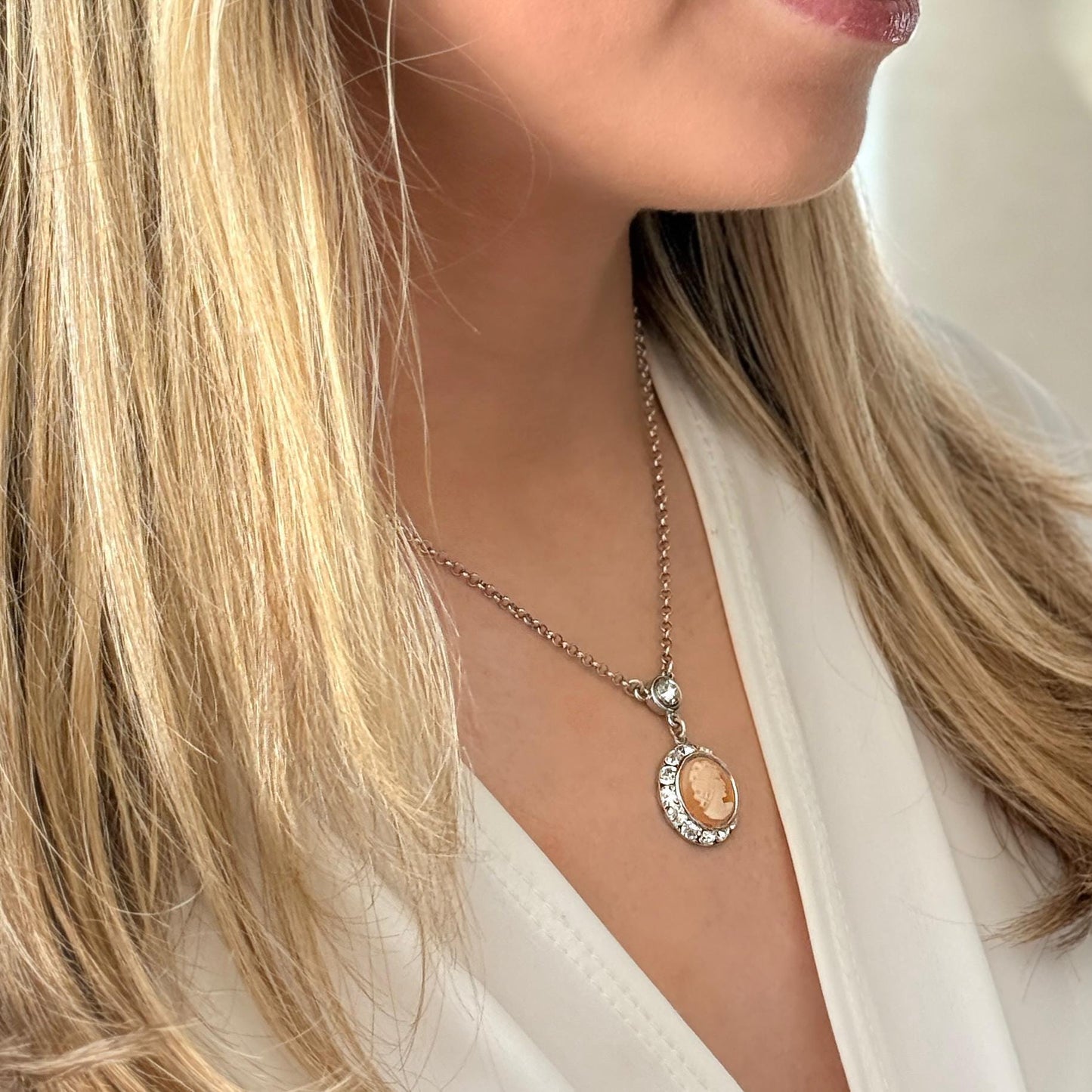 Vintage Italian Hand Carved Cameo Necklace, Victorian Jewelry, Crystal Necklace, Authentic Shell Cameo, Unique Elegant Gifts for Women