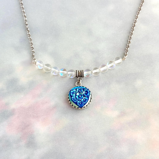 Forget Me Not Vintage Glass Button Necklace, Sterling Silver, Angel Aura Quartz Bar Necklace