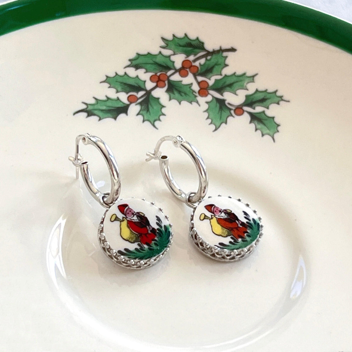 Santa Spode Christmas Tree China Earrings, Sterling Silver Hoops