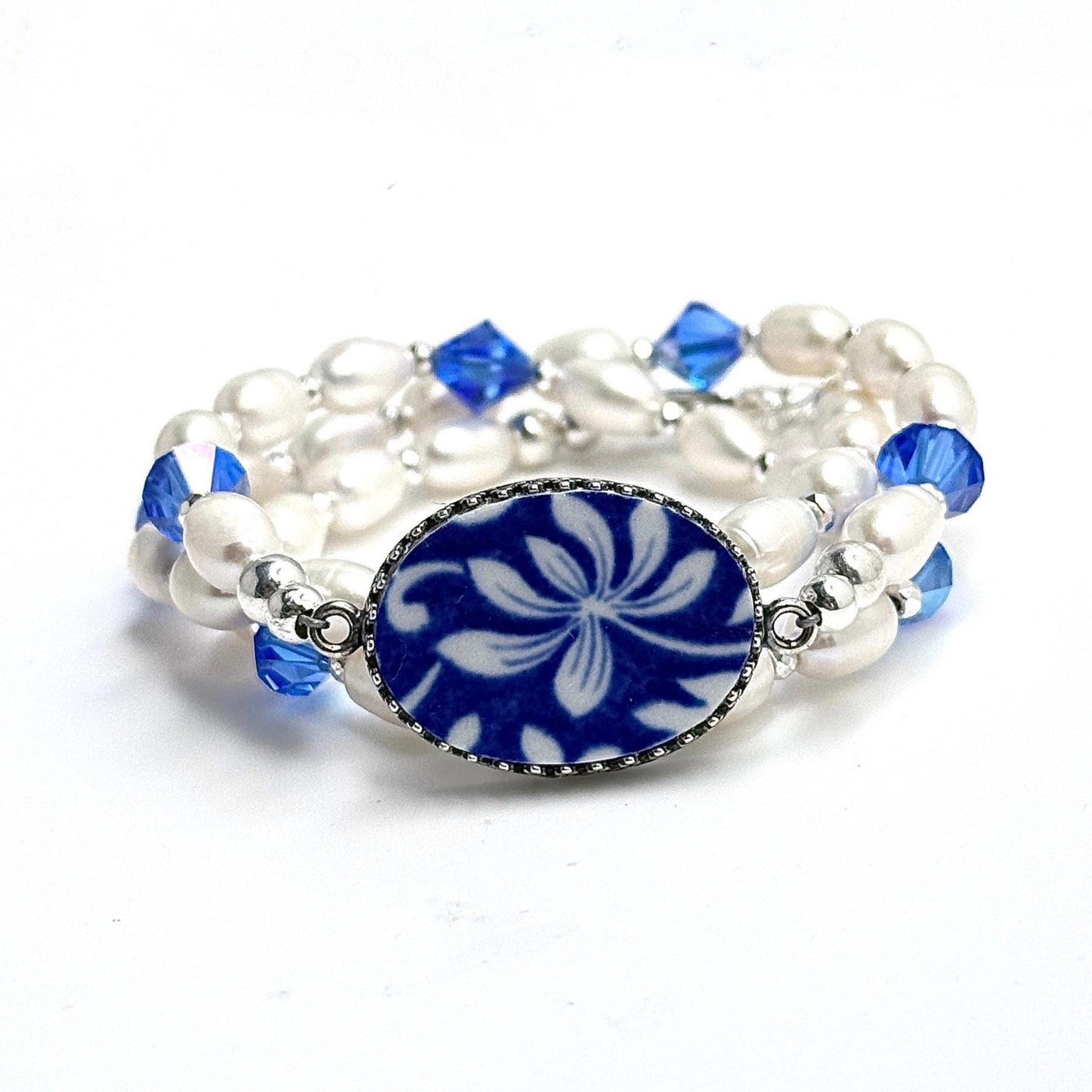 Pearl Wrap Bracelet, Spode Italian Blue China Jewelry Gift
