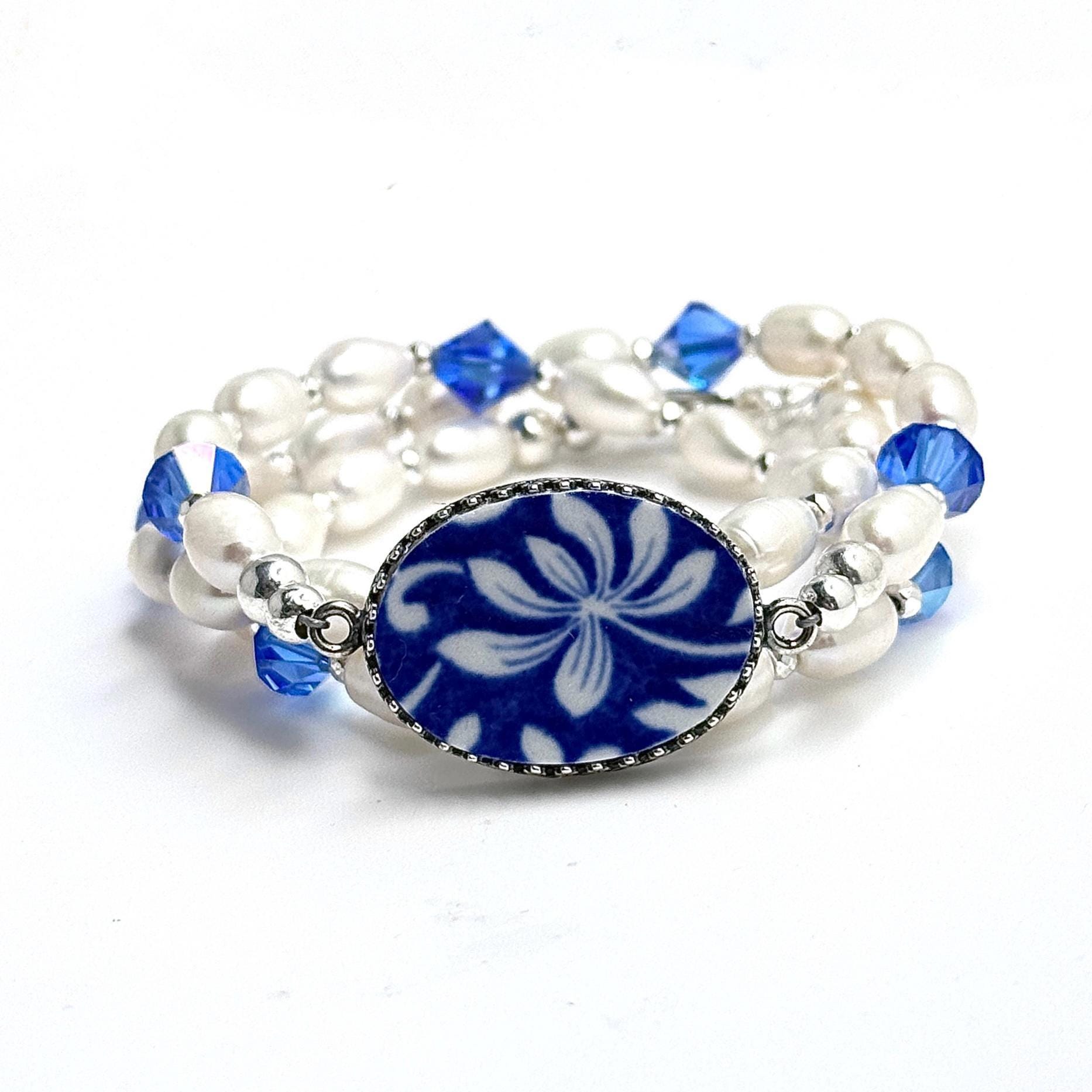 Pearl Wrap Bracelet, Spode Italian Blue China Jewelry Gift