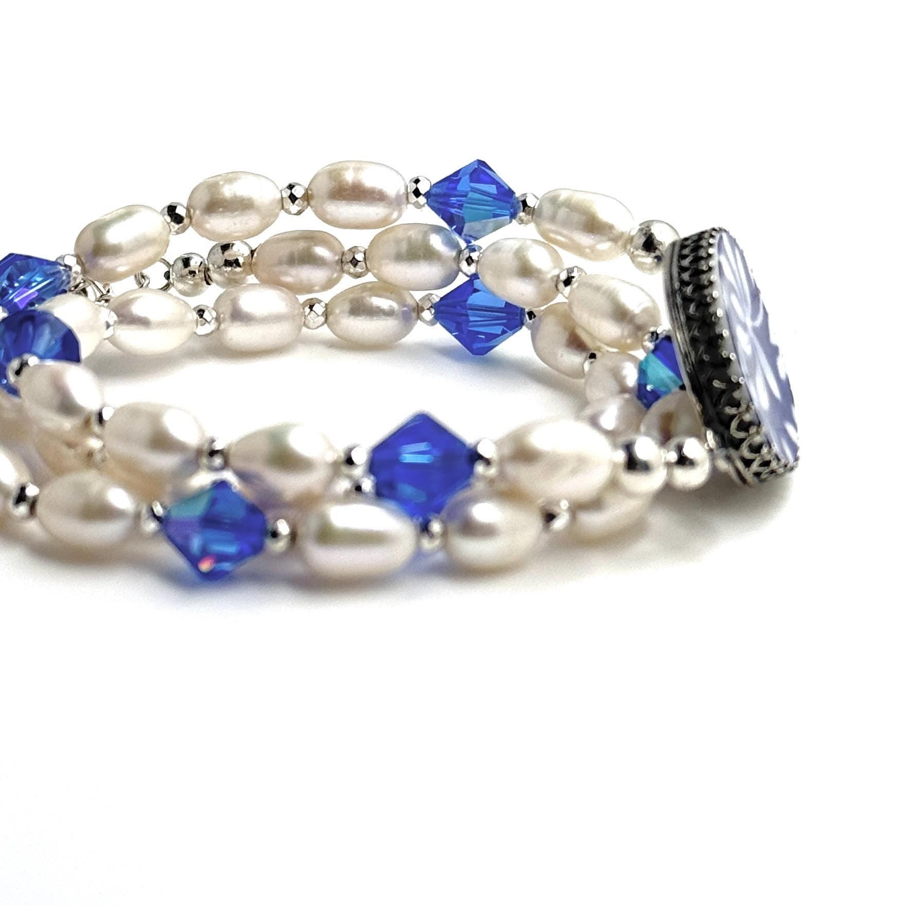 Pearl Wrap Bracelet, Spode Italian Blue China Jewelry Gift