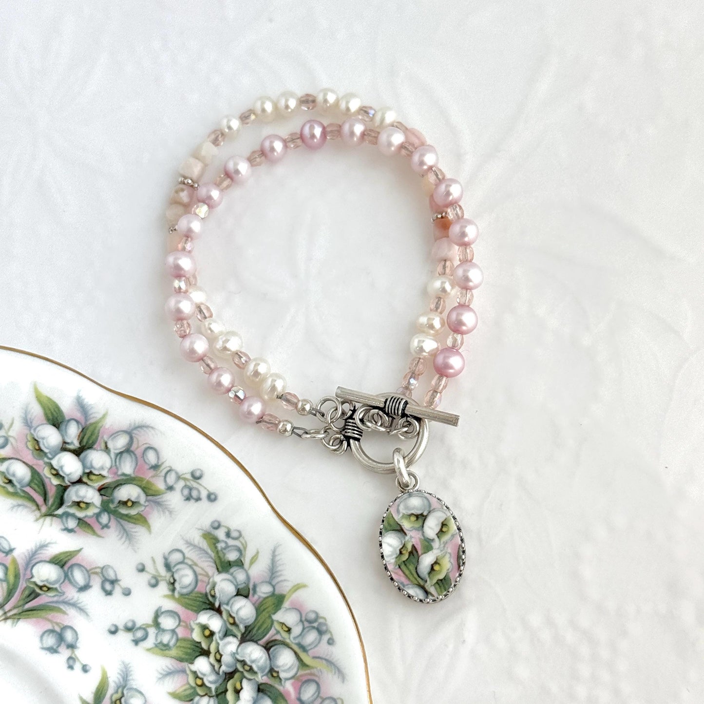 One-of-a-Kind Opal and Lily of the Valley China Bracelet, May Birthday Gifts for Women, Pearl Broken China Jewelry