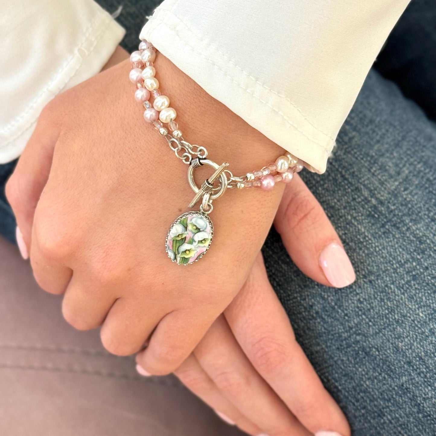 One-of-a-Kind Opal and Lily of the Valley China Bracelet, May Birthday Gifts for Women, Pearl Broken China Jewelry