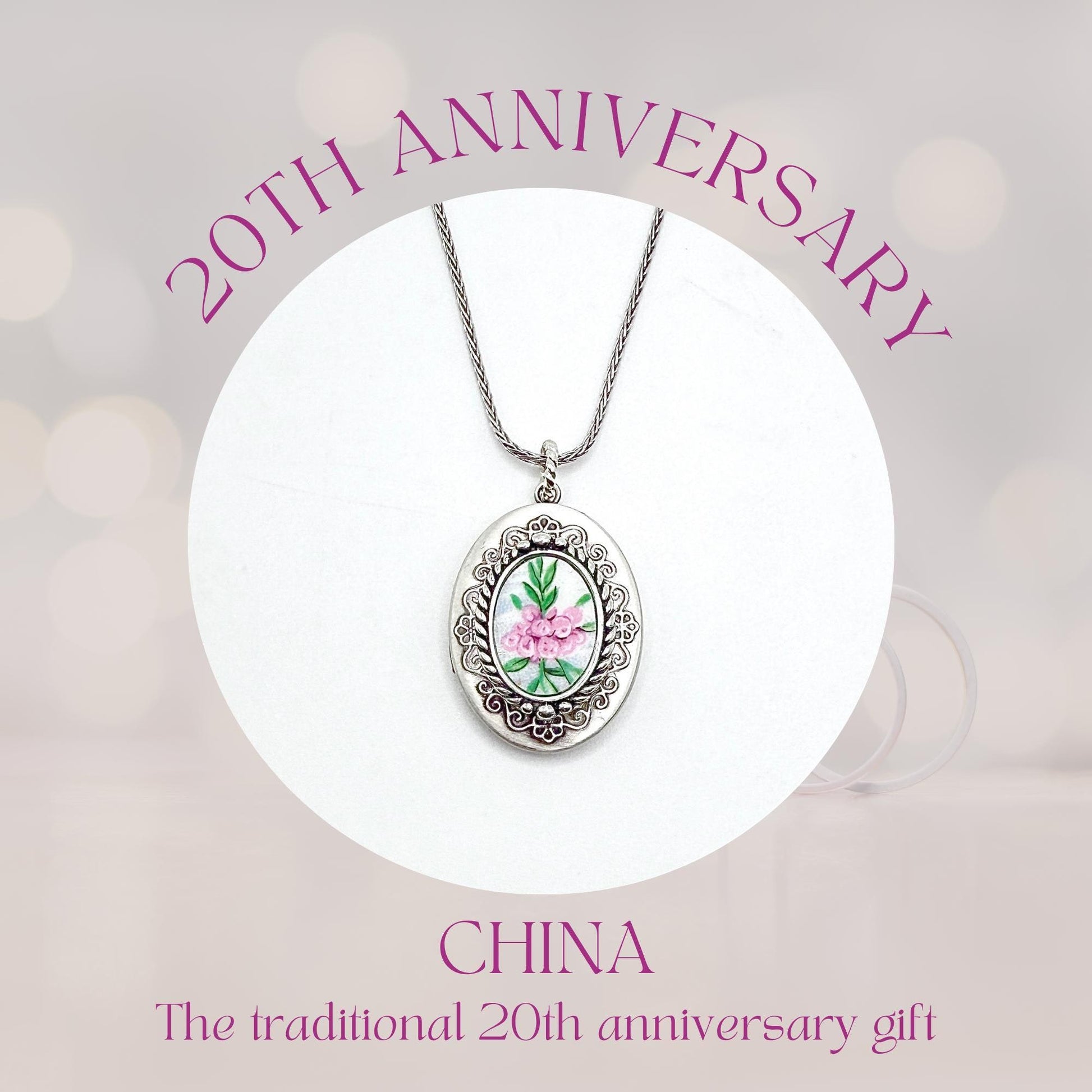 Victorian Sterling Silver Locket Necklace, Vintage China Jewelry, 20th Anniversary Gift