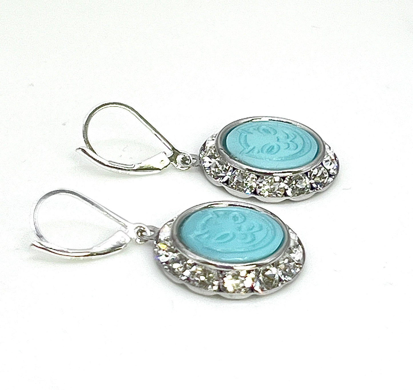 Vintage Aqua Blue Cat Glass Button Earrings, Crystal Jewelry, Unique Handmade Jewelry