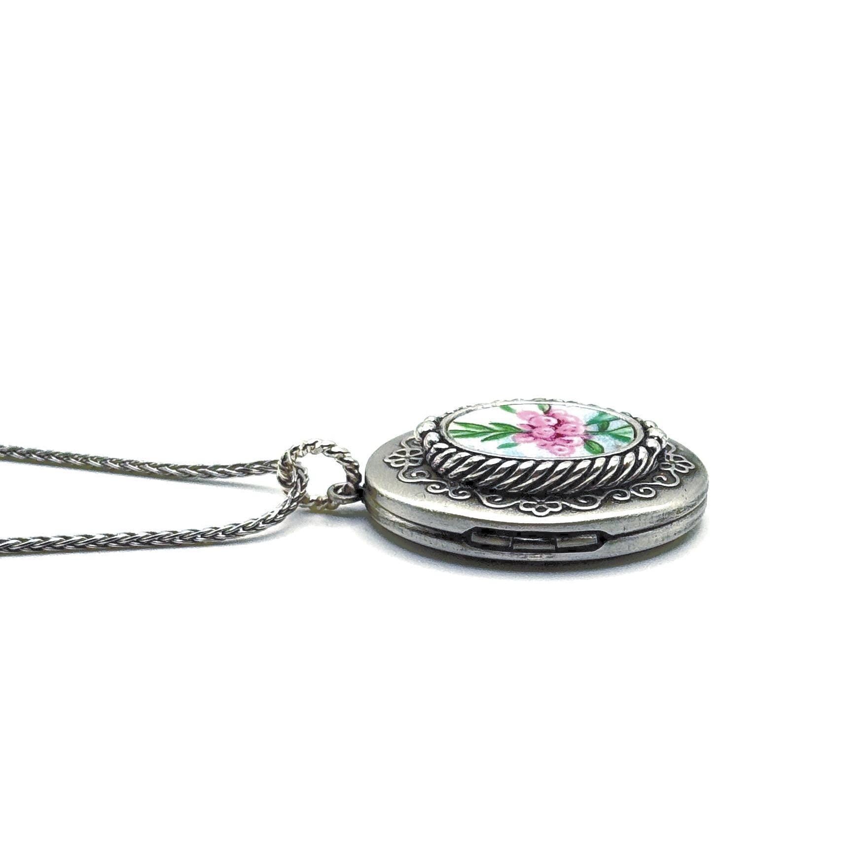 Victorian Sterling Silver Locket Necklace, Vintage China Jewelry, 20th Anniversary Gift