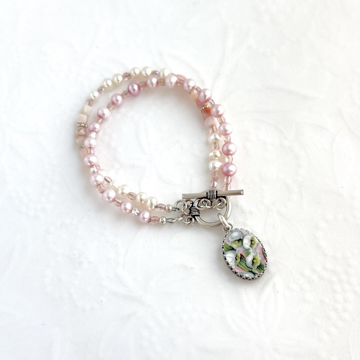 One-of-a-Kind Opal and Lily of the Valley China Bracelet, May Birthday Gifts for Women, Pearl Broken China Jewelry