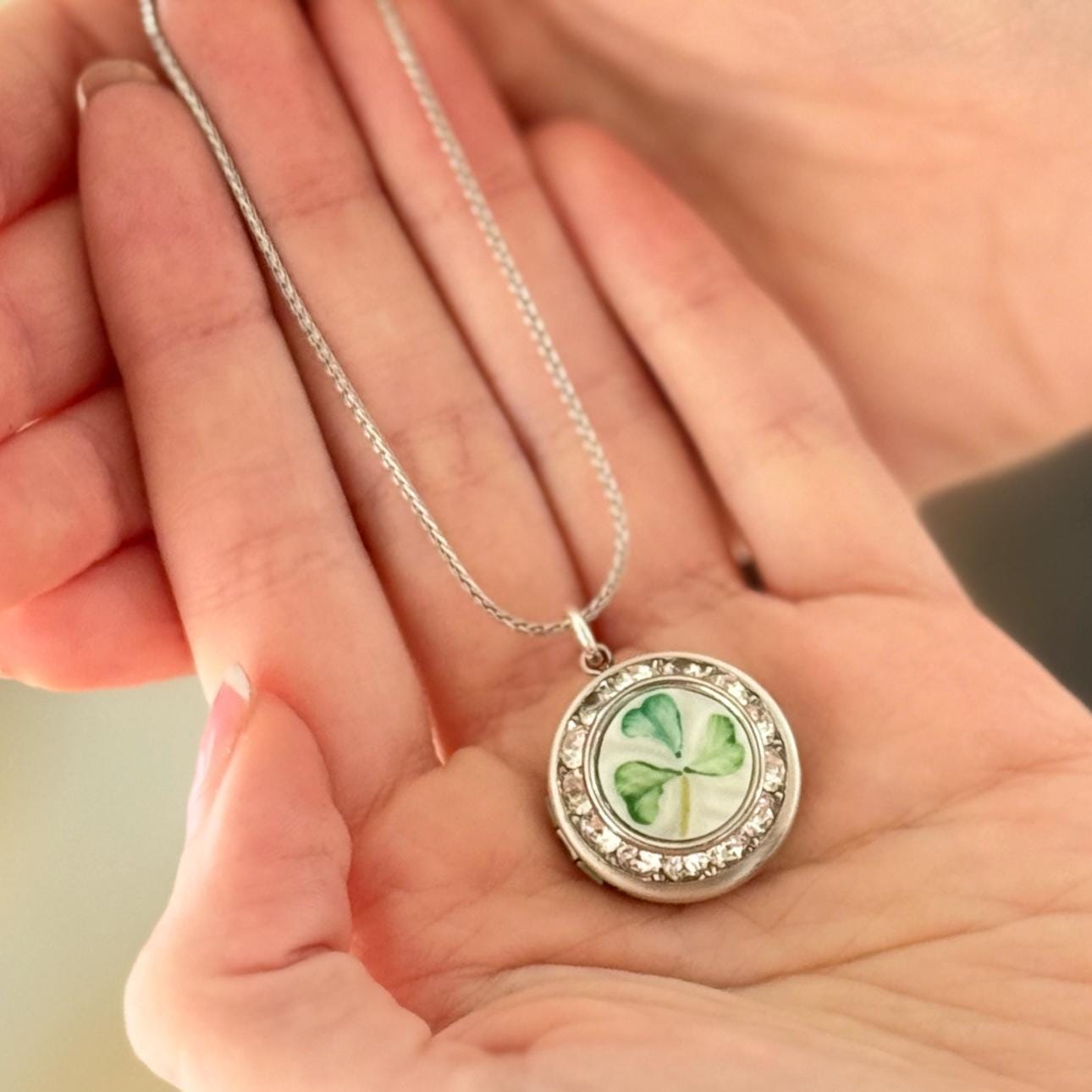 Shamrock Locket Necklace, Crystal Belleek Photo Locket, Irish Gifts For Her, Broken China Jewelry
