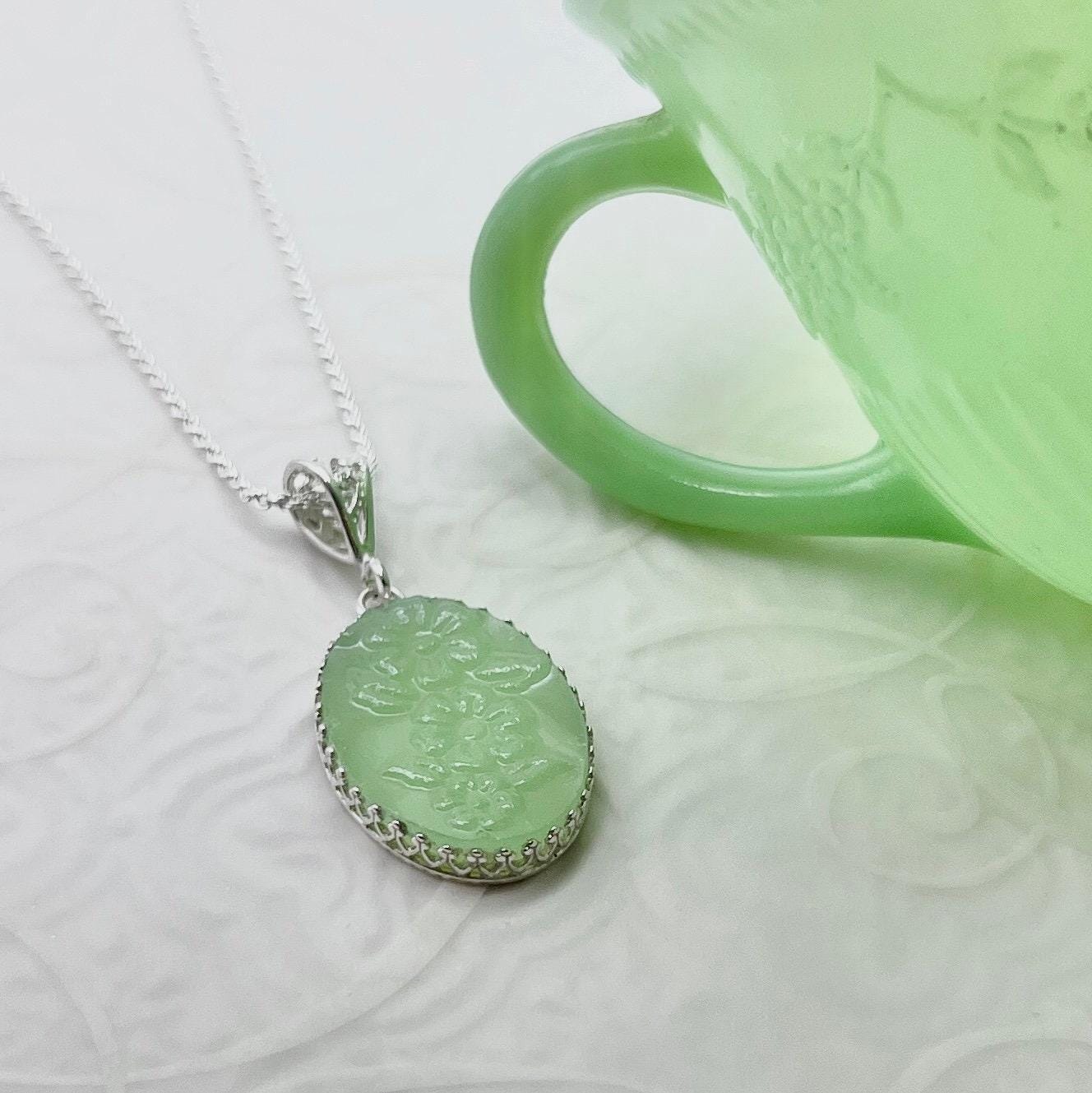 Oval Fire King Alice Jadeite Jewelry Necklace, Sterling Silver, Unique Gift for Women, Broken China Jewelry, Mid Century Gifts for Her