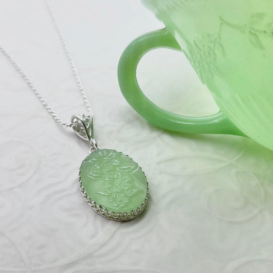 Oval Fire King Alice Jadeite Jewelry Necklace, Sterling Silver, Unique Gift for Women, Broken China Jewelry, Mid Century Gifts for Her