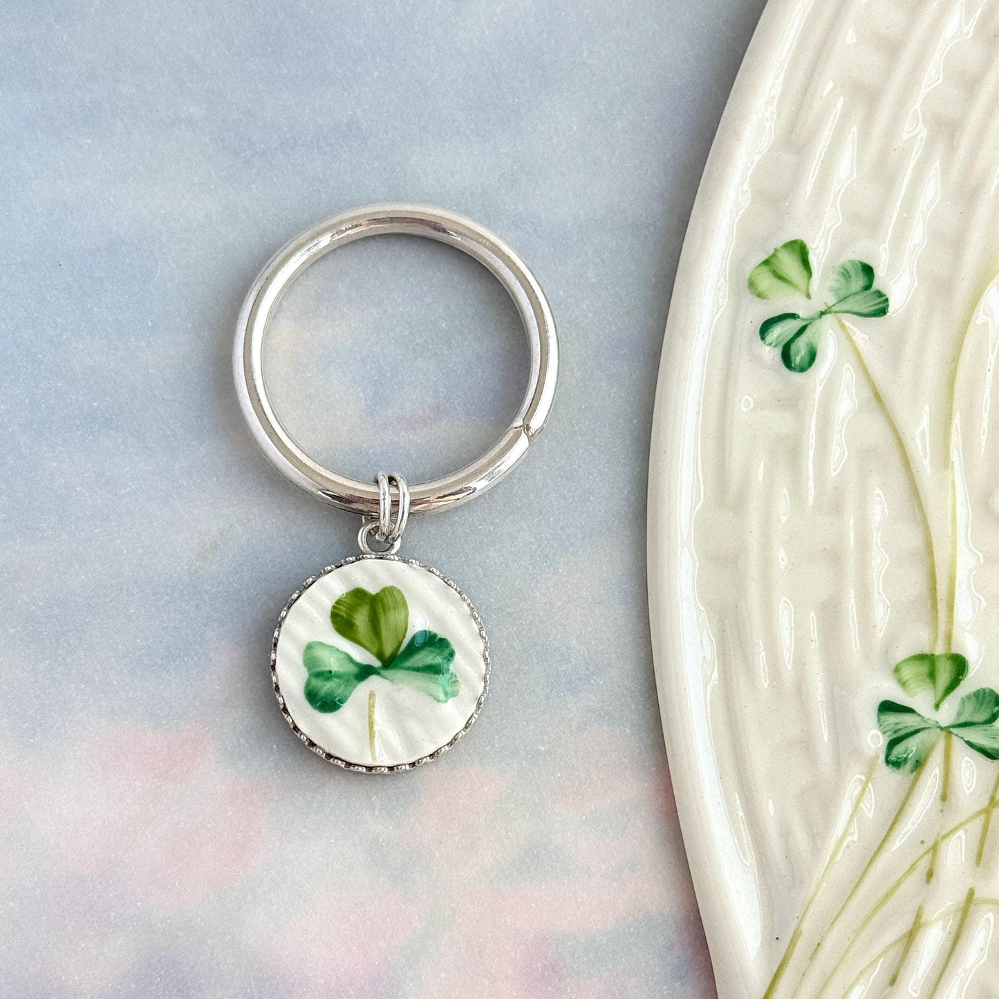 Sterling Silver Irish Belleek Keychain, 20th Anniversary Gifts for Husband or Wife, Hand Painted in Ireland