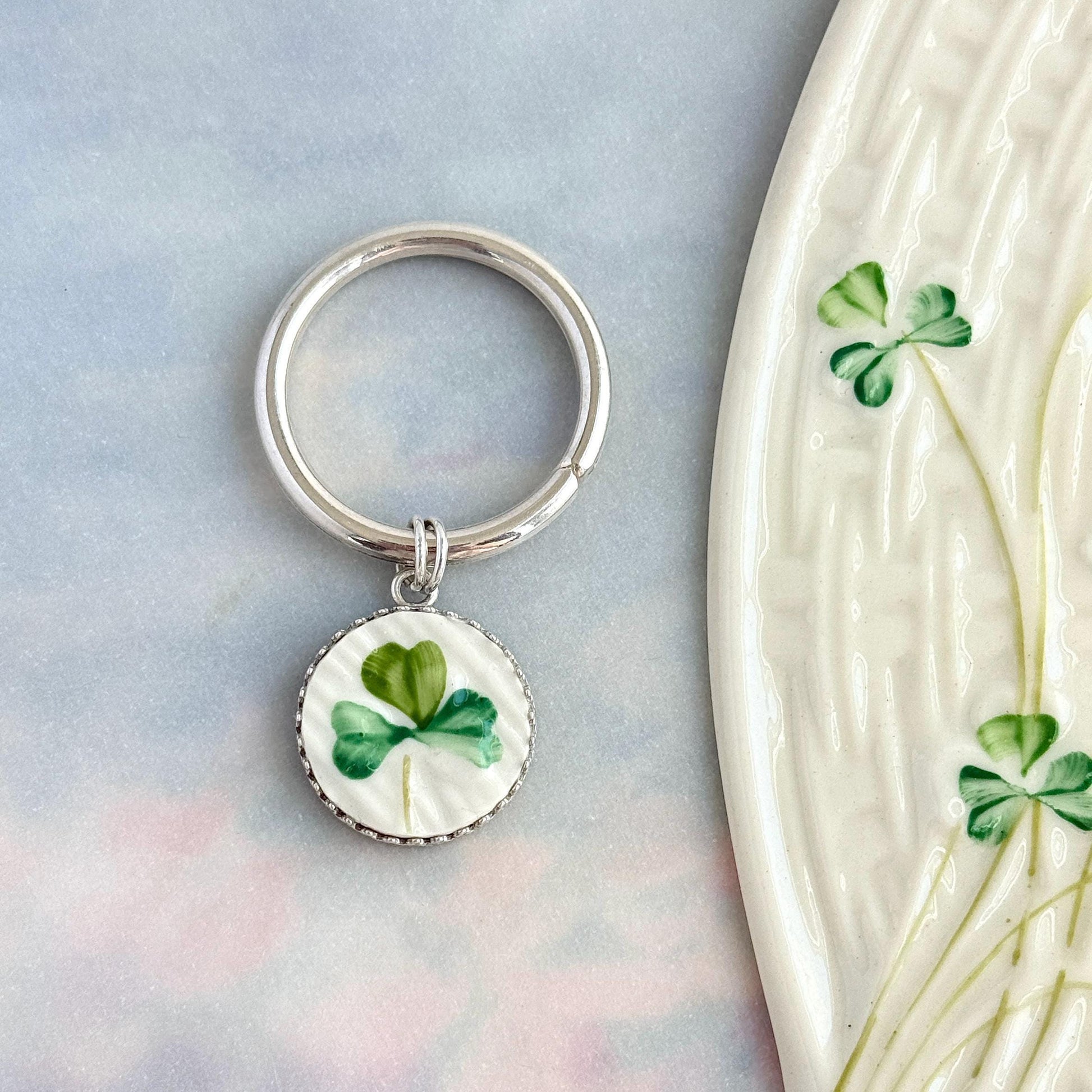 Sterling Silver Irish Belleek Keychain, 20th Anniversary Gifts for Husband or Wife, Hand Painted in Ireland