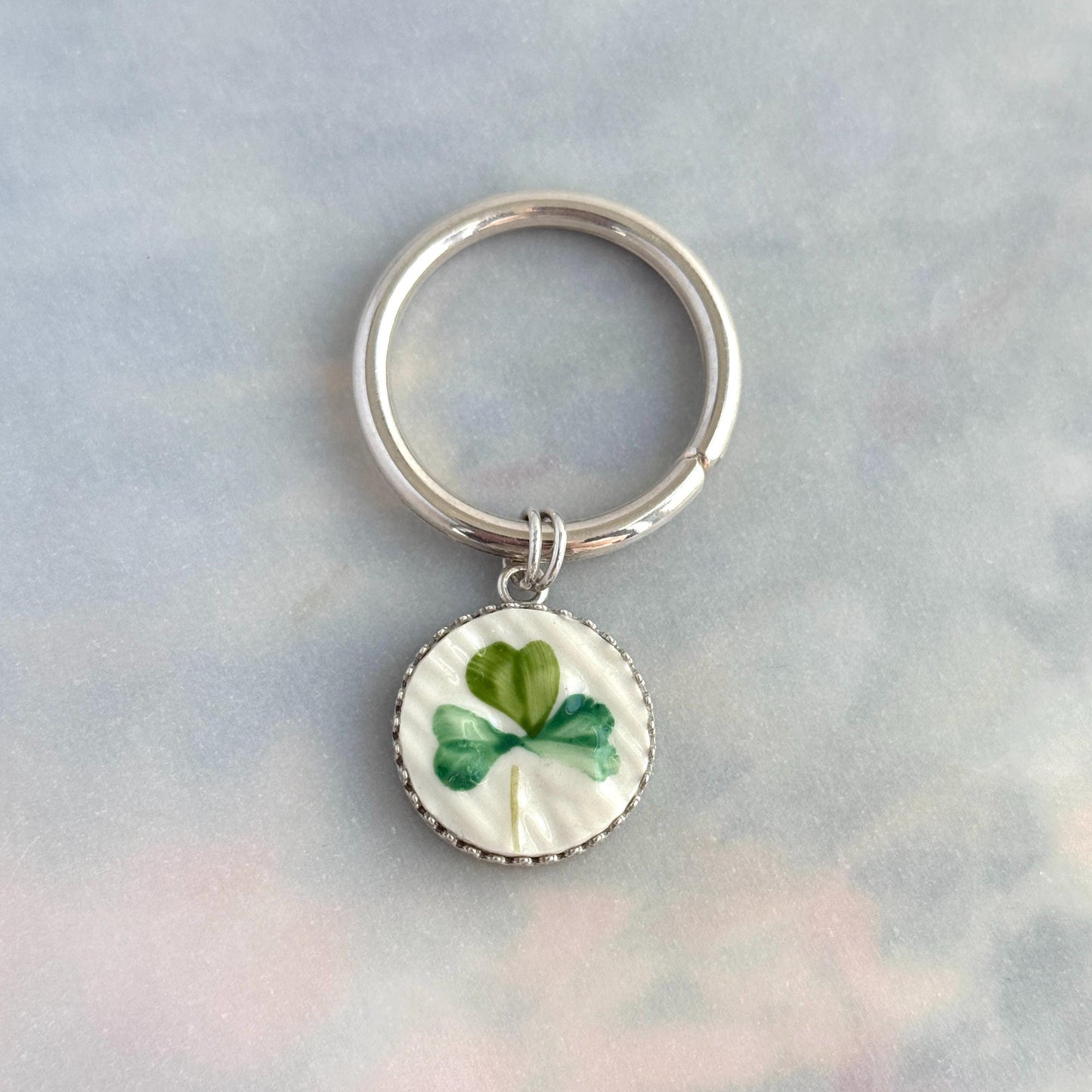 Sterling Silver Irish Belleek Keychain, 20th Anniversary Gifts for Husband or Wife, Hand Painted in Ireland
