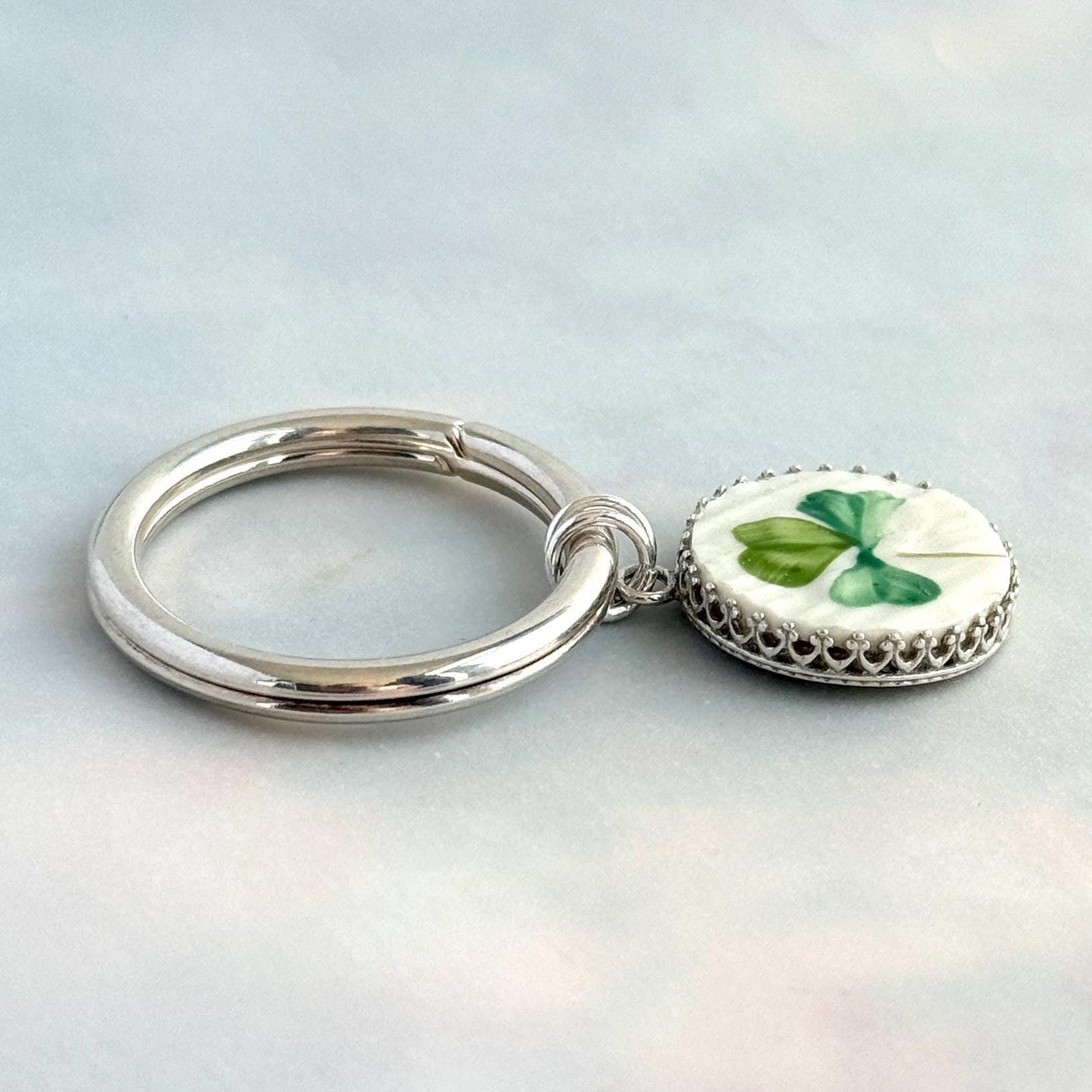 Sterling Silver Irish Belleek Keychain, 20th Anniversary Gifts for Husband or Wife, Hand Painted in Ireland
