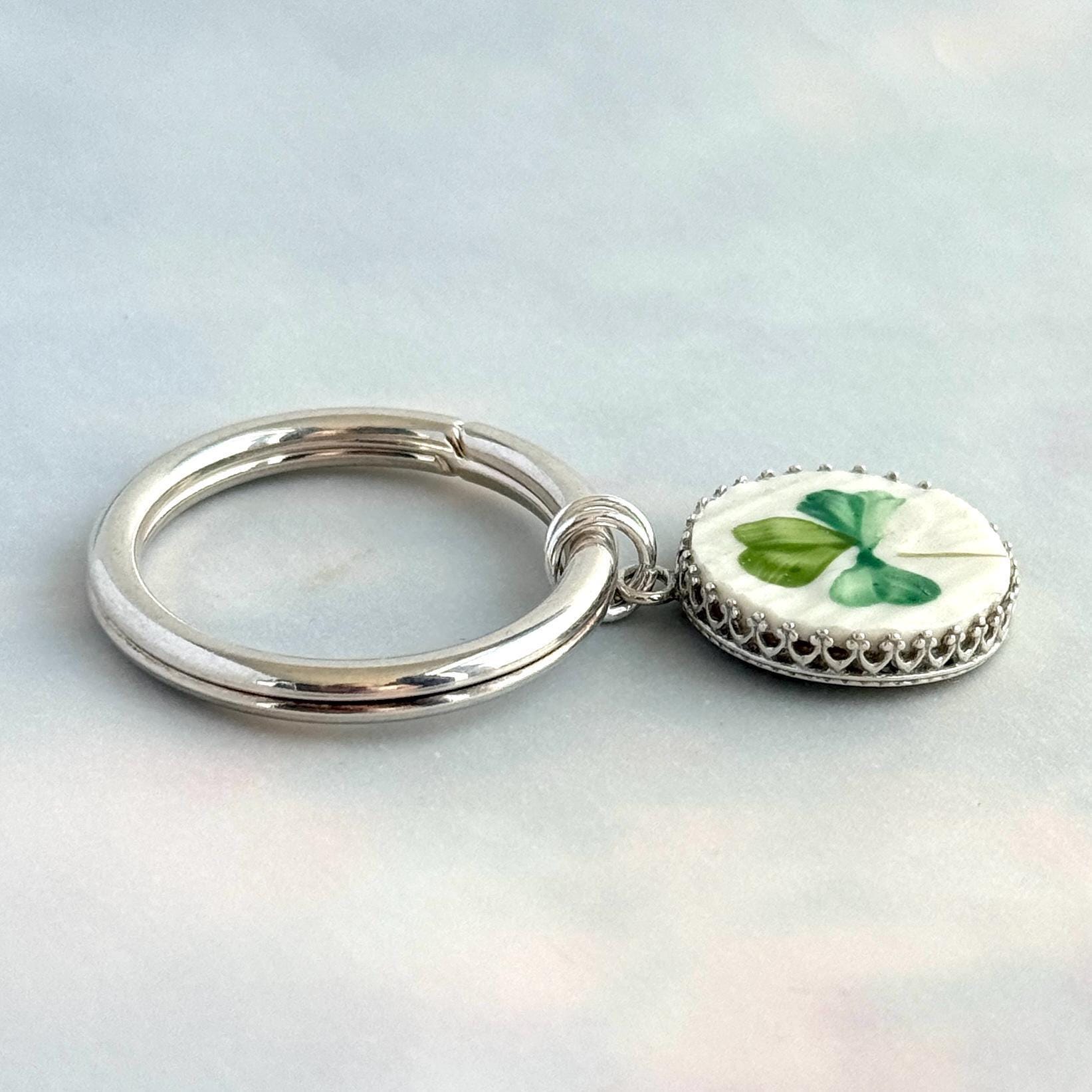 Sterling Silver Irish Belleek Keychain, 20th Anniversary Gifts for Husband or Wife, Hand Painted in Ireland
