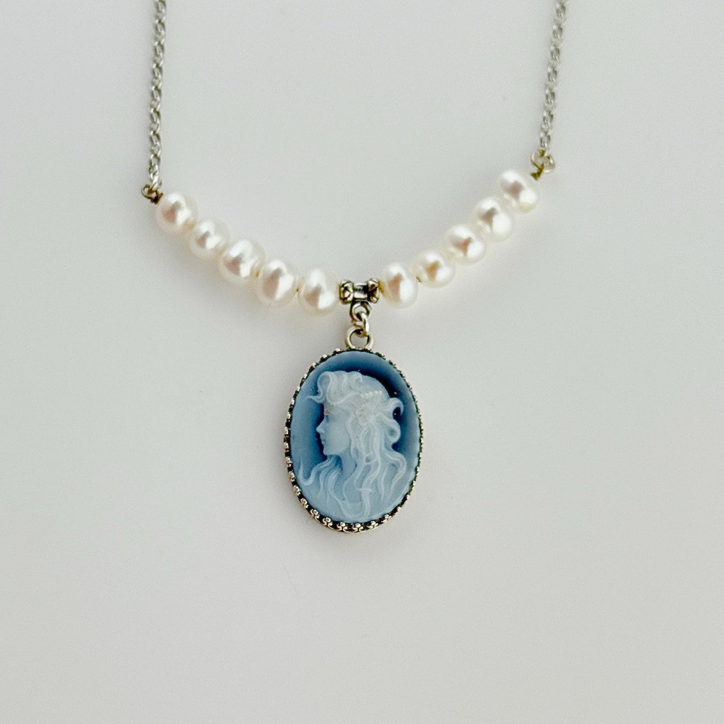 Sterling Silver Blue Cameo Necklace, Victorian Style Jewelry, Freshwater Pearl Gemstone Necklace