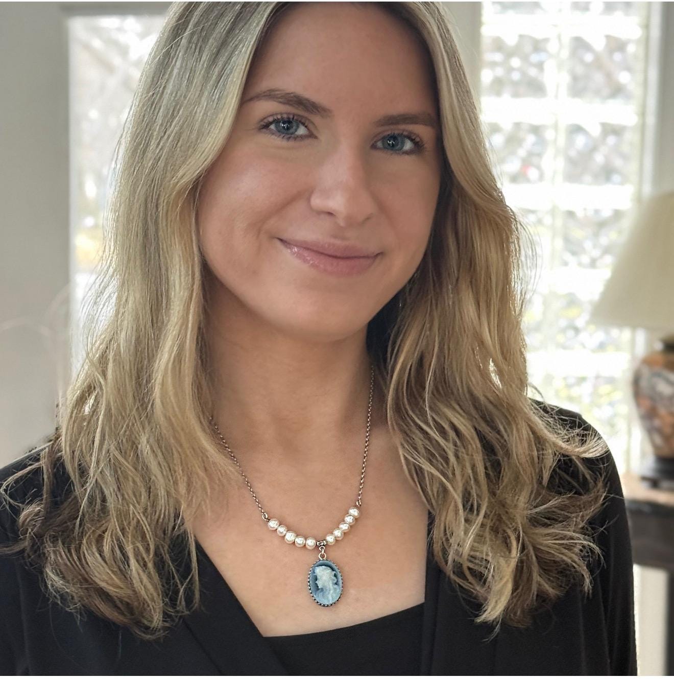 Sterling Silver Blue Cameo Necklace, Victorian Style Jewelry, Freshwater Pearl Gemstone Necklace