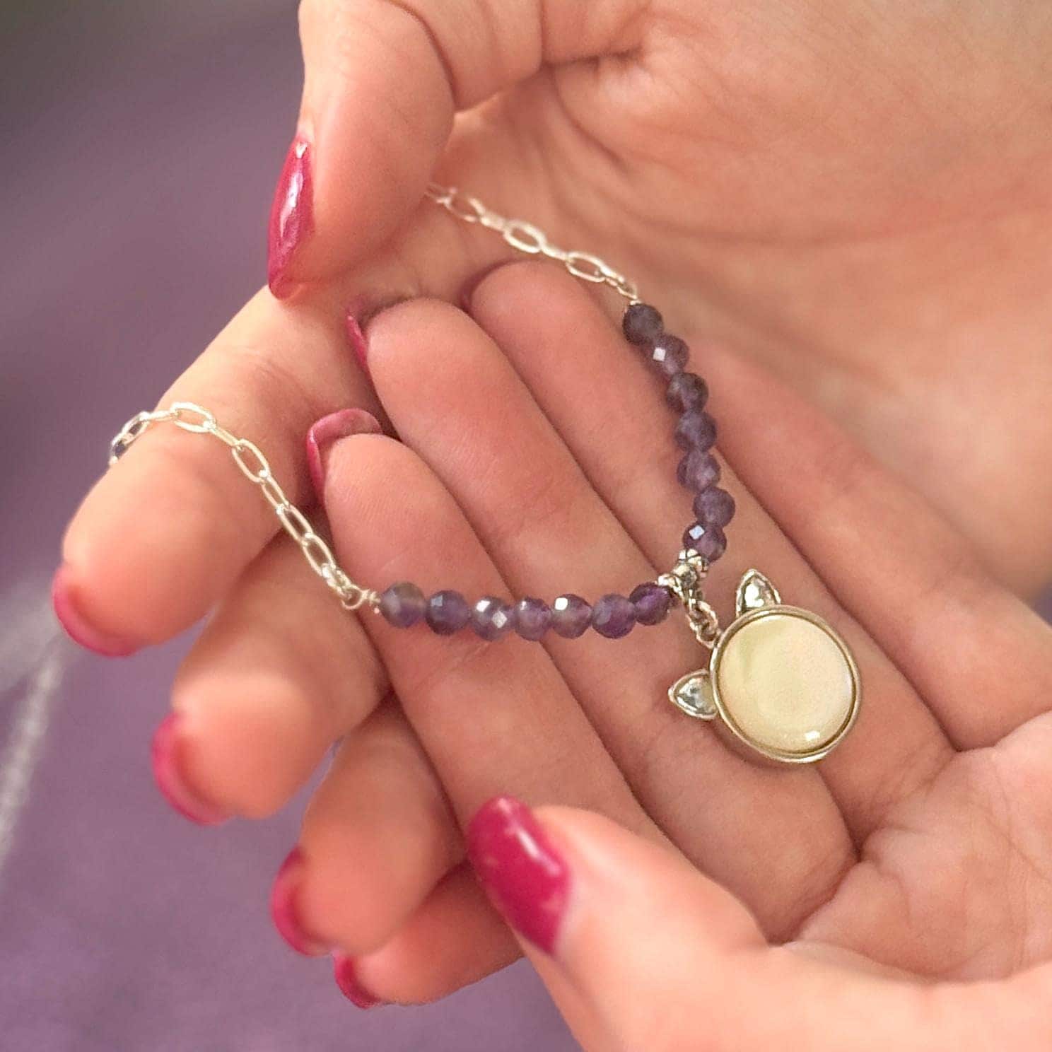 Mother of Pearl Cat Necklace, Amethyst Bar Necklace, Gift for Cat Lover