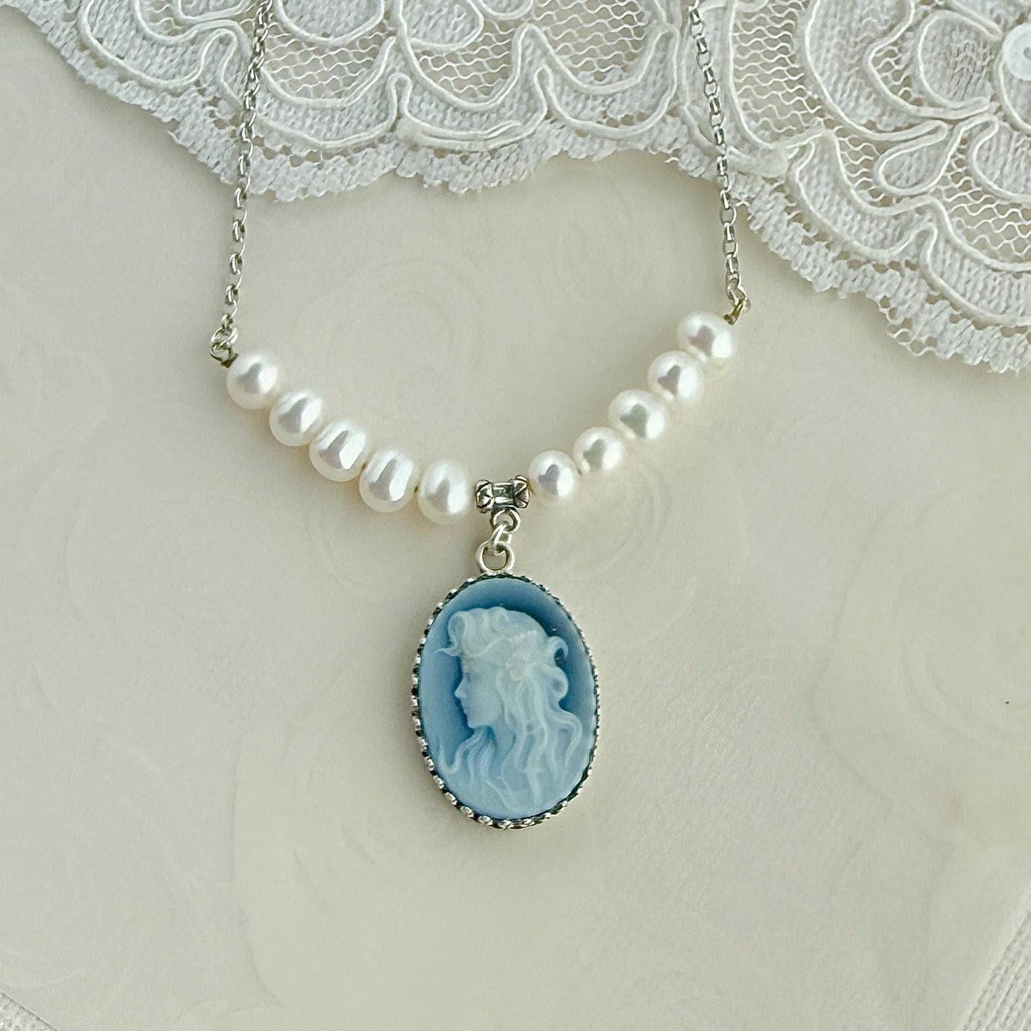 Sterling Silver Blue Cameo Necklace, Victorian Style Jewelry, Freshwater Pearl Gemstone Necklace