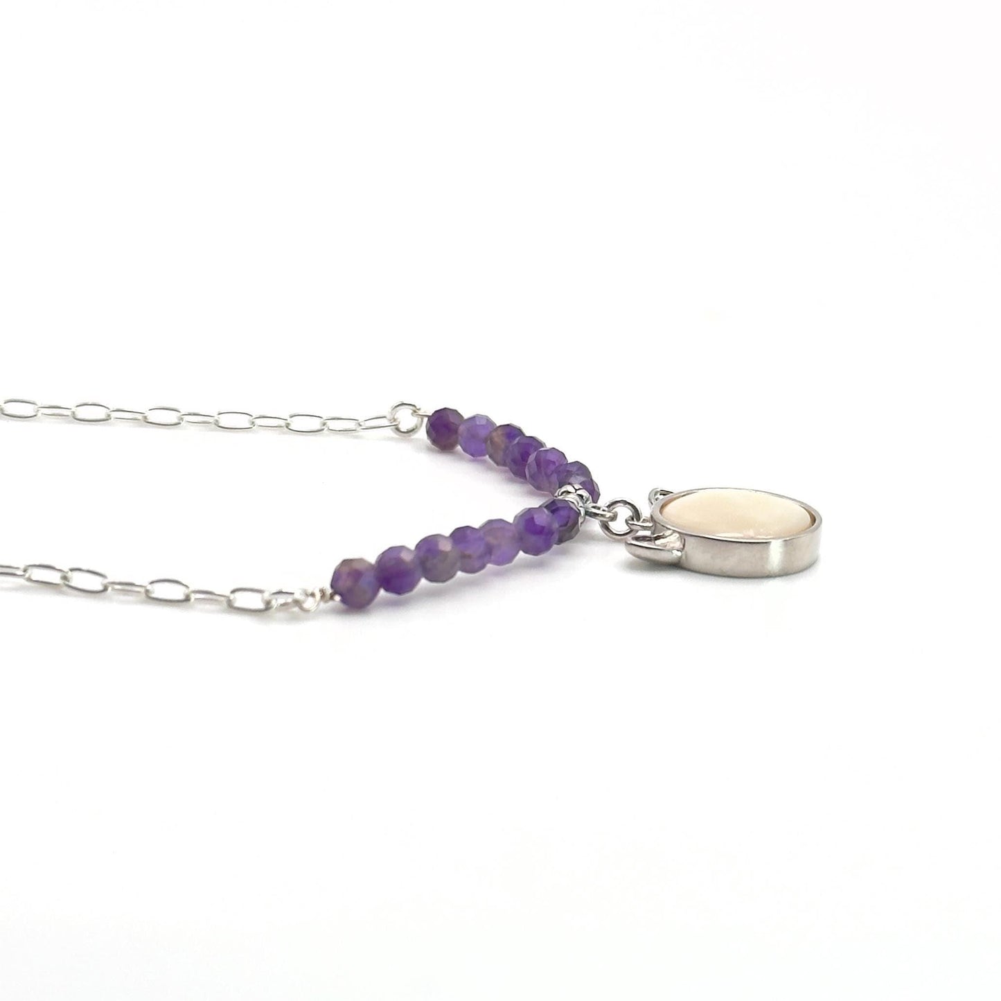 Mother of Pearl Cat Necklace, Amethyst Bar Necklace, Gift for Cat Lover
