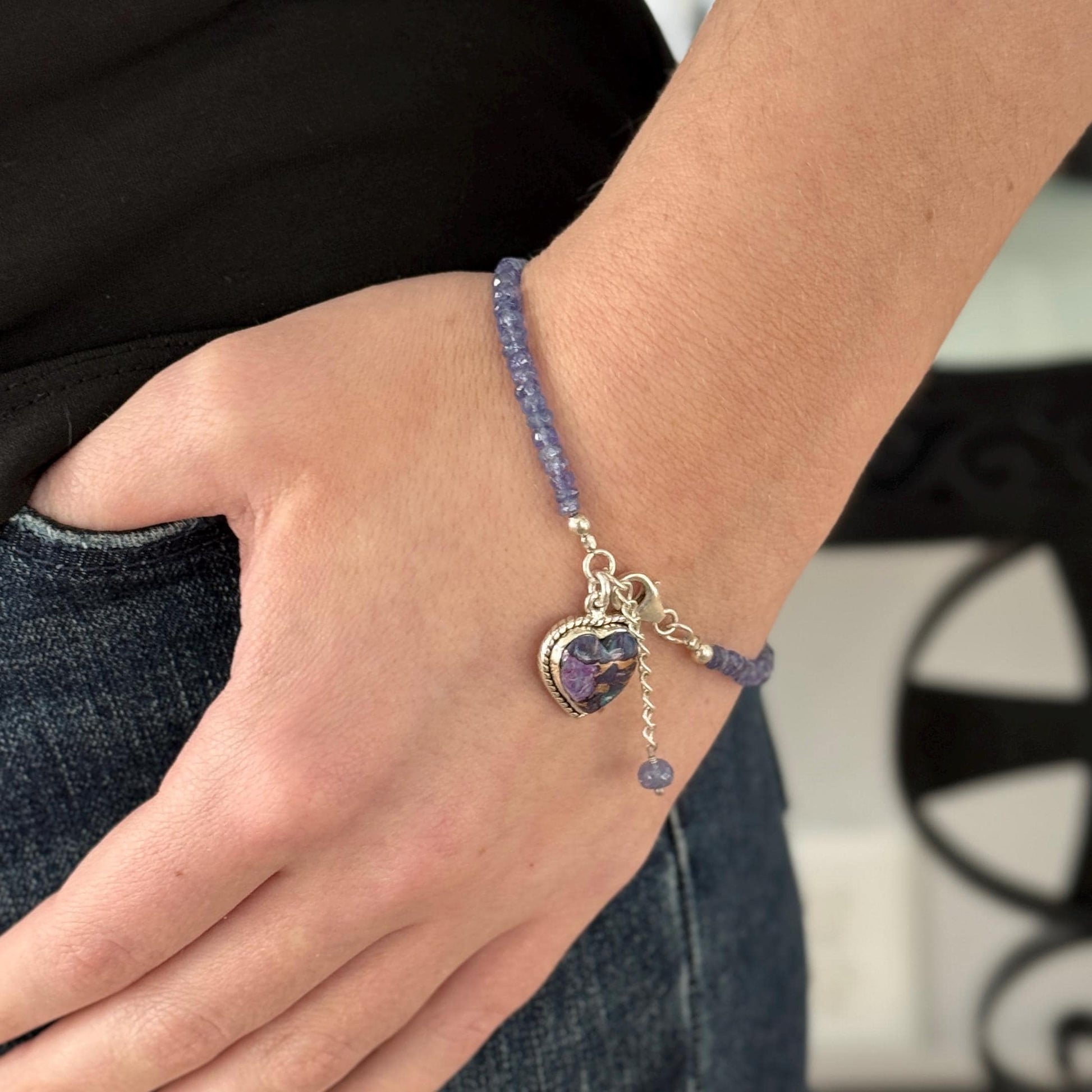 One-of-a-Kind Tanzanite Bracelet, Turquoise Heart Charm, Sterling Silver Jewelry Anniversary Gifts for Her