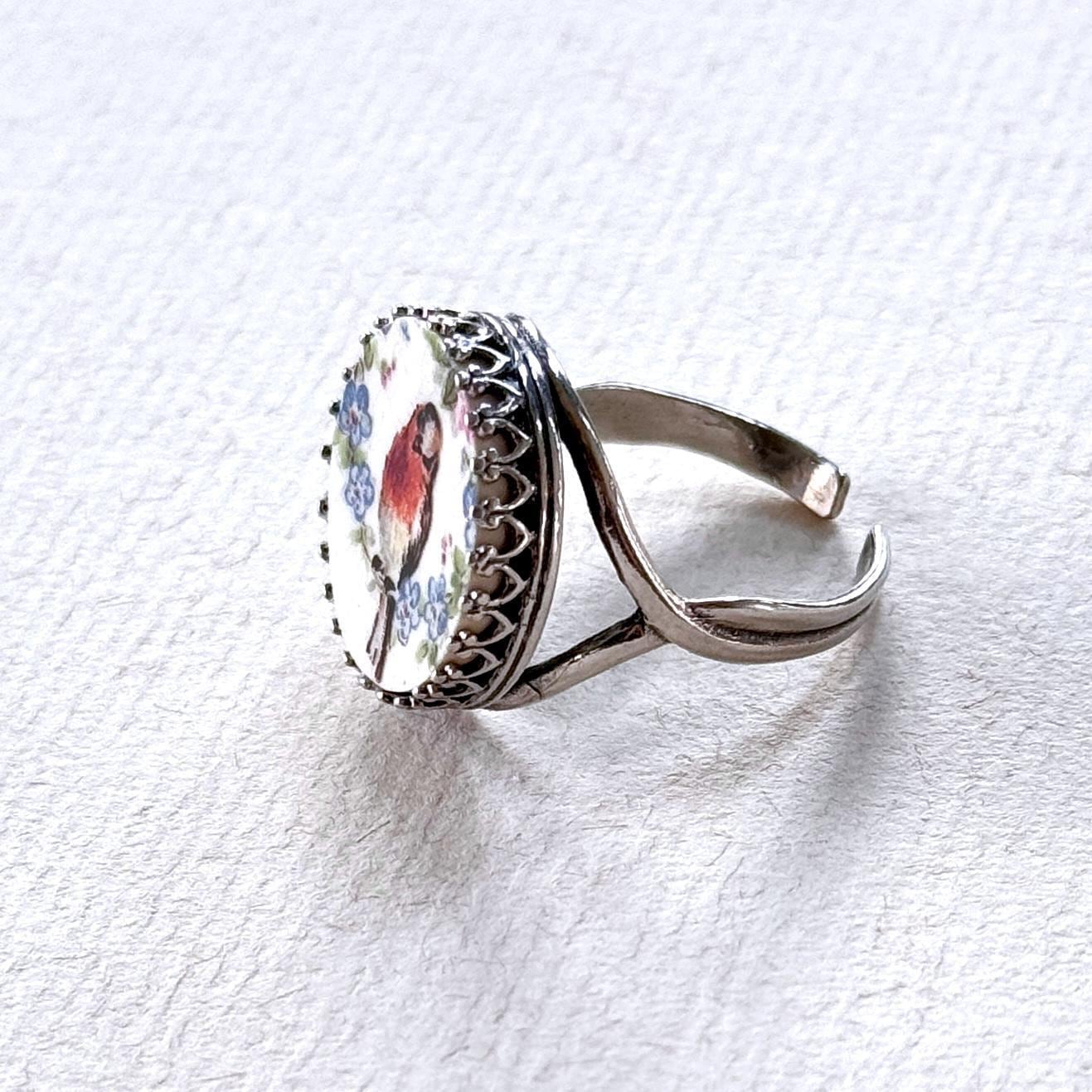 Robin Ring, Forget Me Not Flower Jewelry, Vintage China Ring, Bird Jewelry, Unique Gifts for Women, Broken China Jewelry, Adjustable Ring
