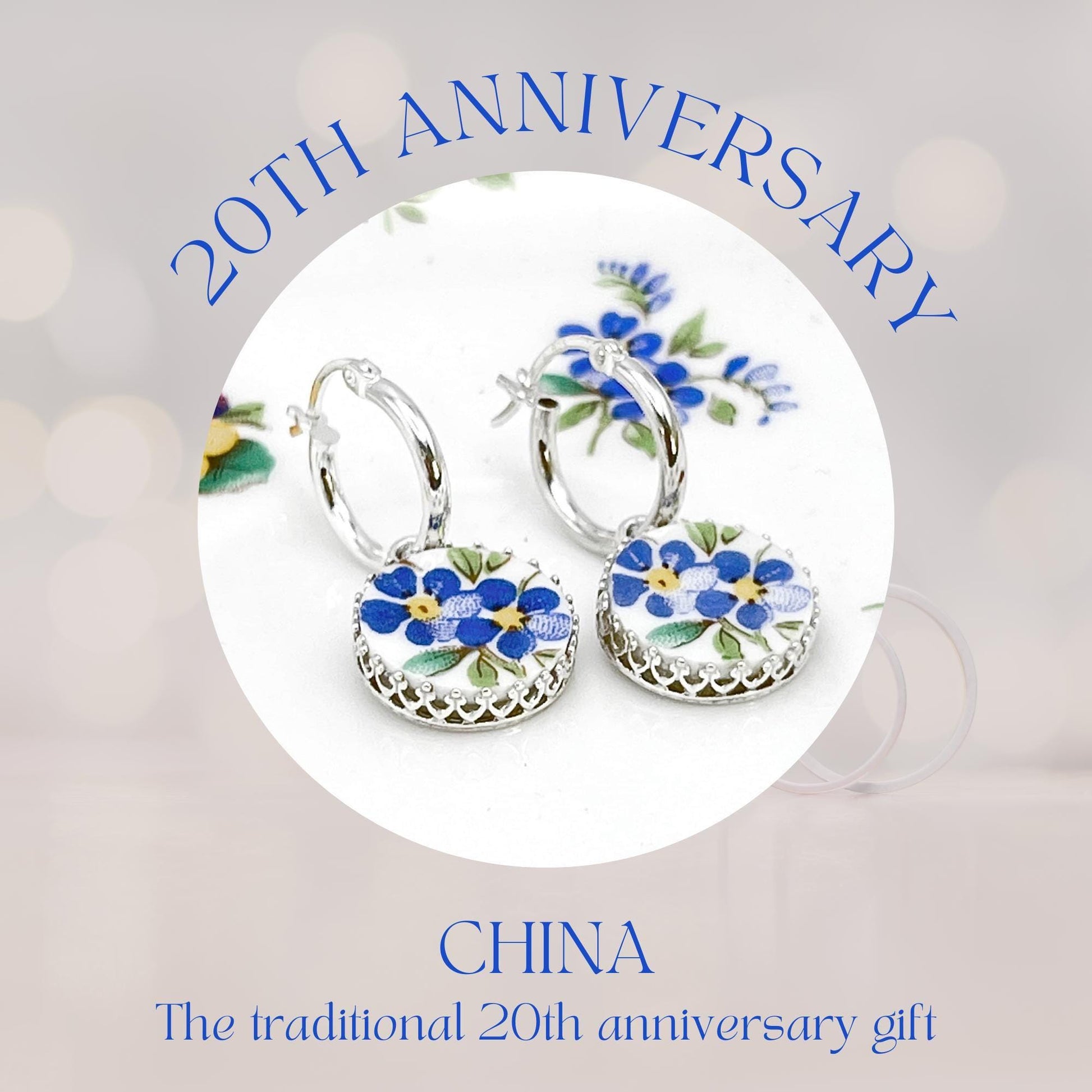 Blue Forget Me Not Earrings, Unique 20th Anniversary Gift for Wife, Broken China Jewelry, Sterling Silver Hoop Earrings
