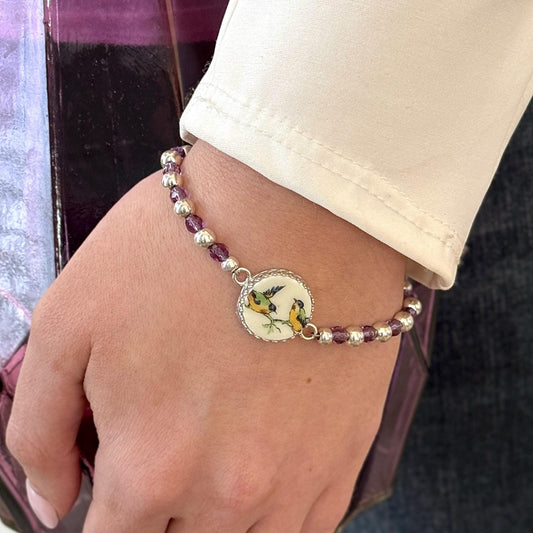 18th Anniversary Gift, Amethyst Love Birds Bracelet, Repurposed Porcelain Jewelry